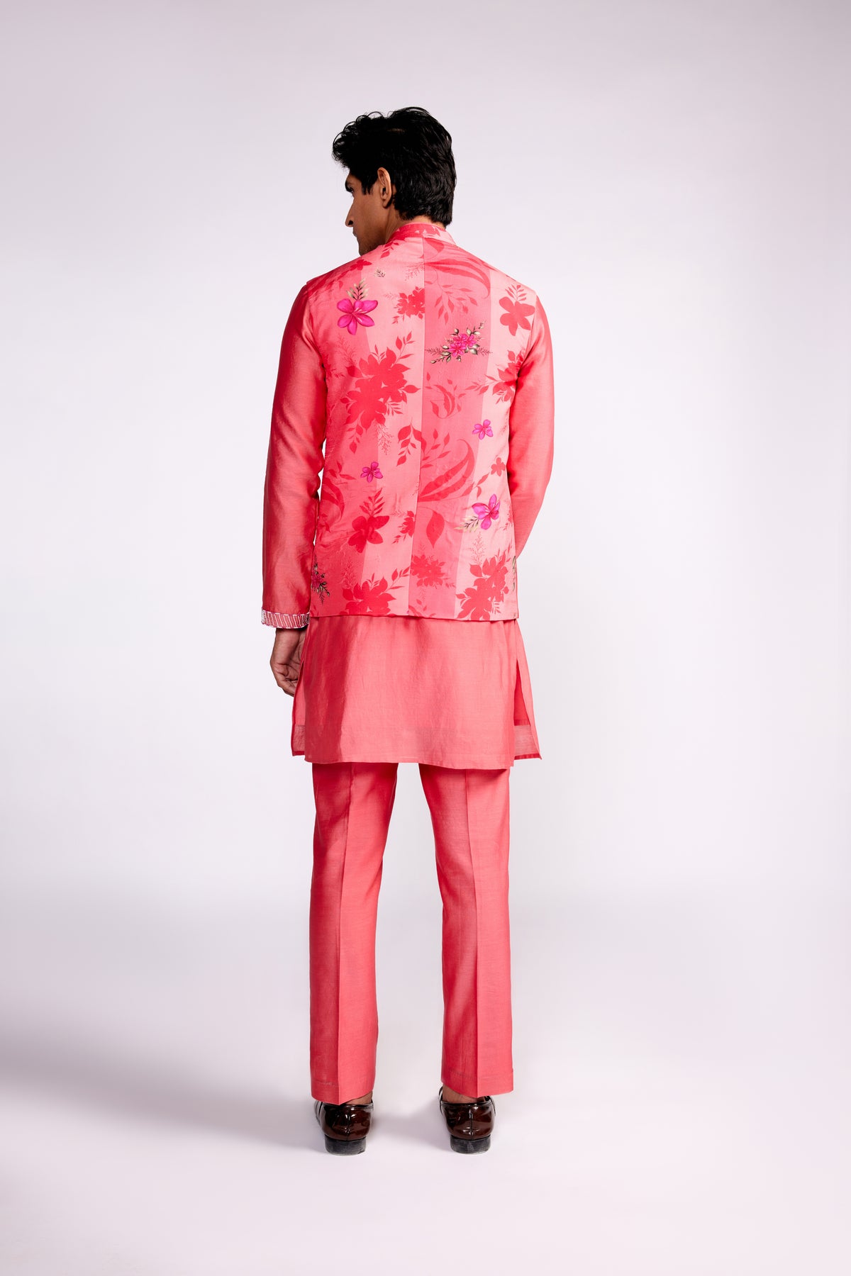 Pink Printed and Embroidered Silk Nehru Jacket