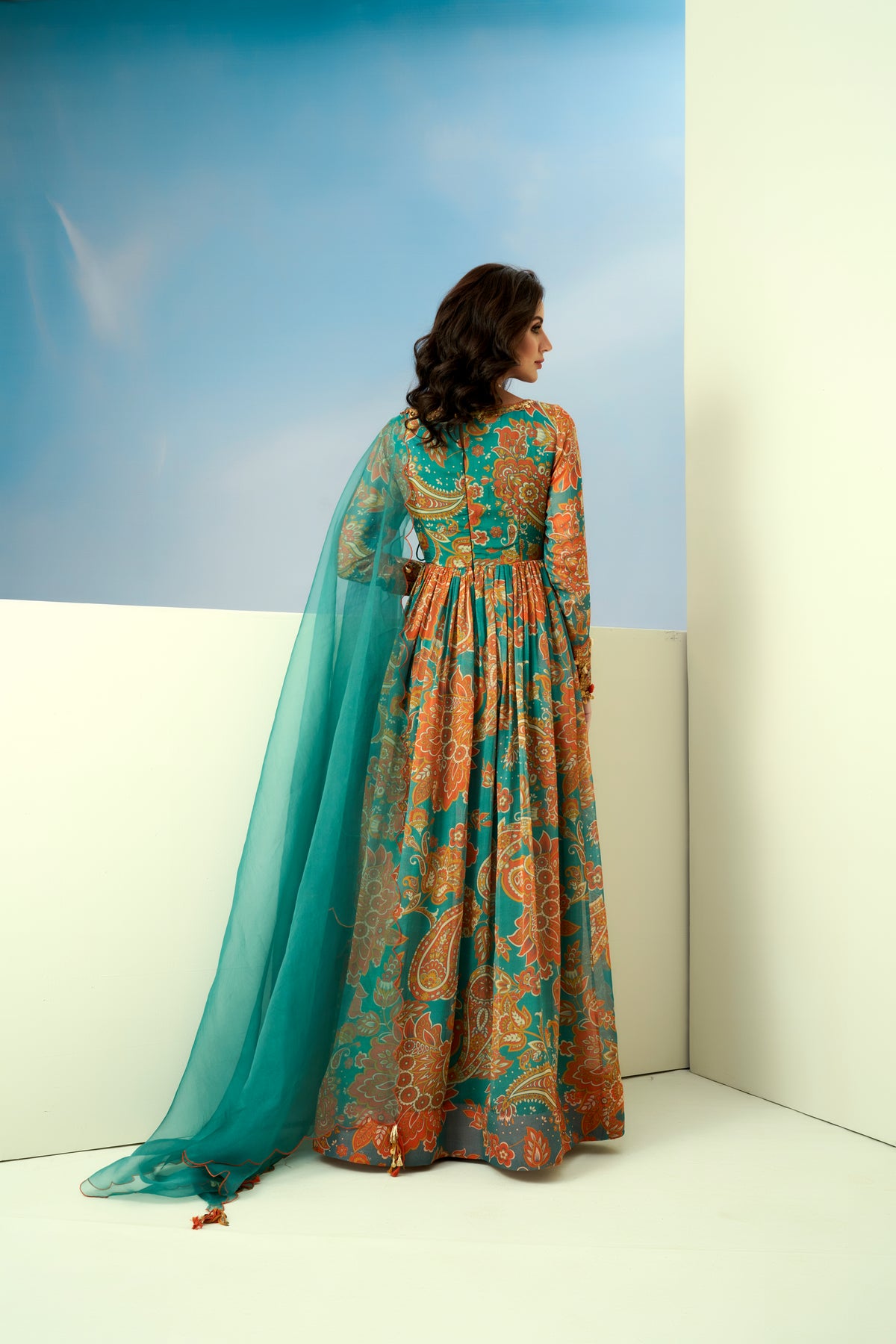 Blue Printed Anarkali Set