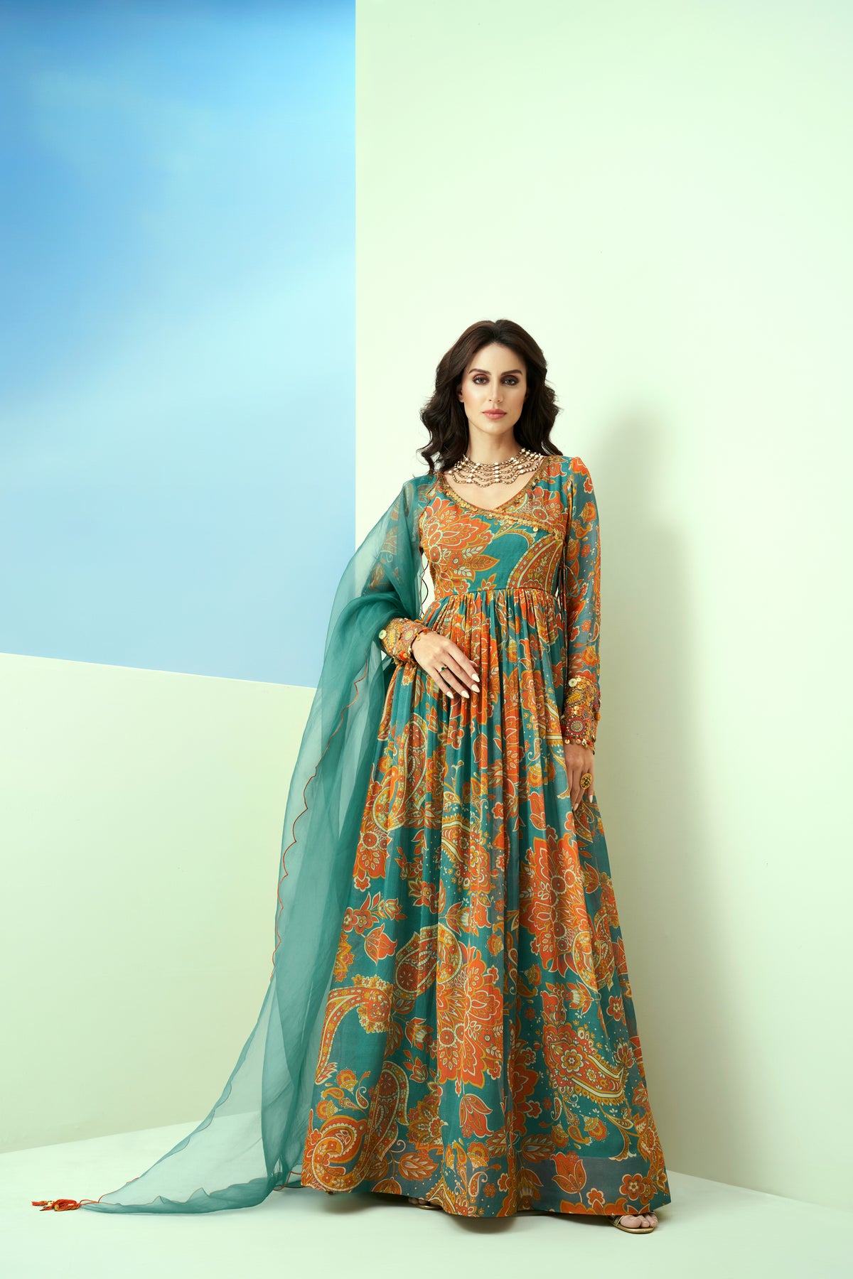 Blue Printed Anarkali Set