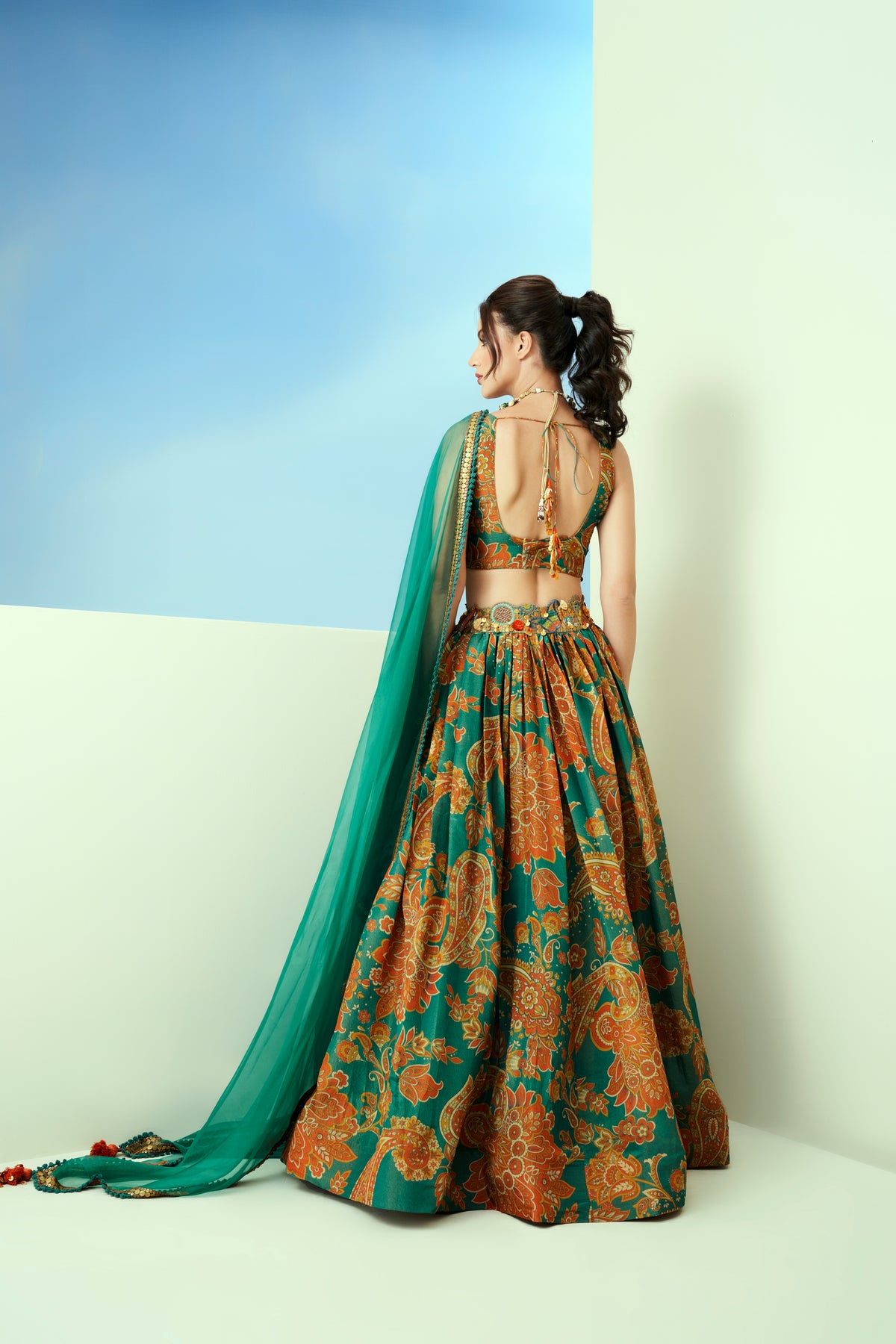 Green Printed Lehenga Set