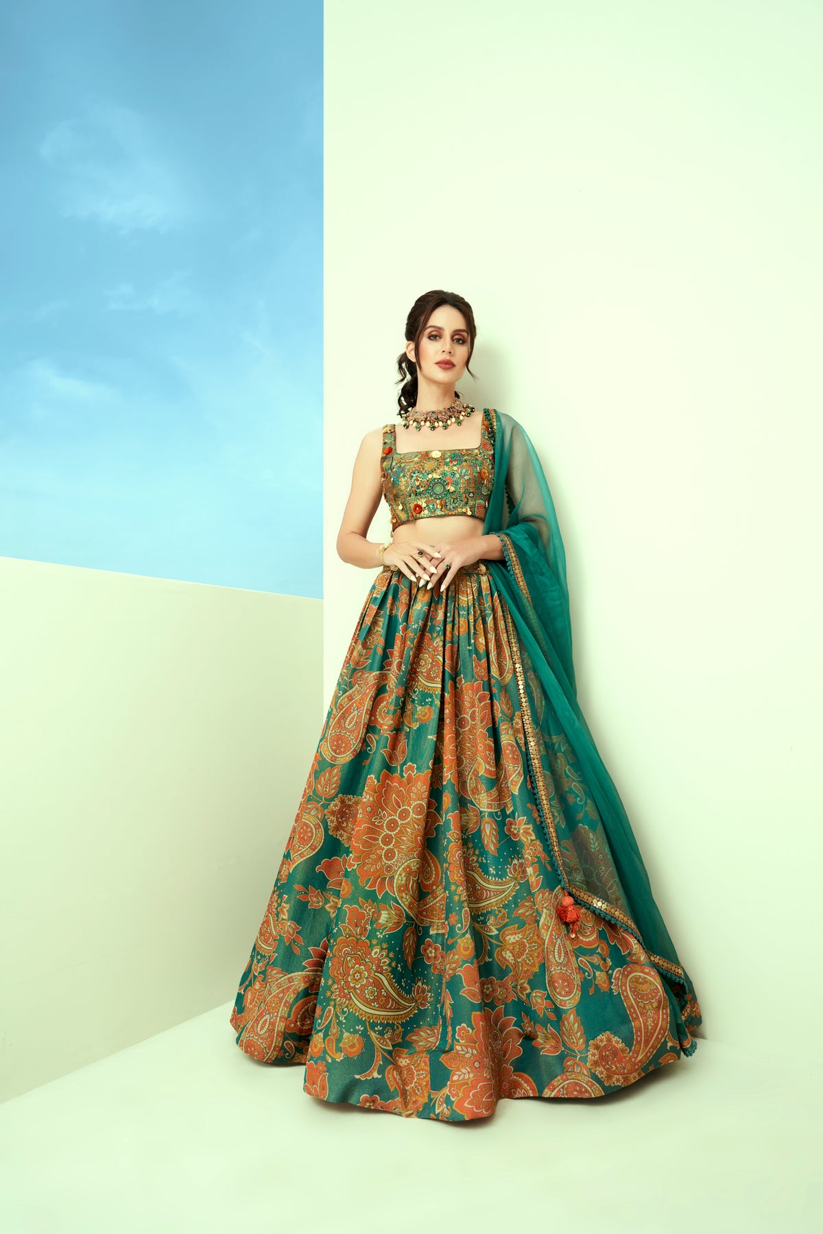 Green Printed Lehenga Set