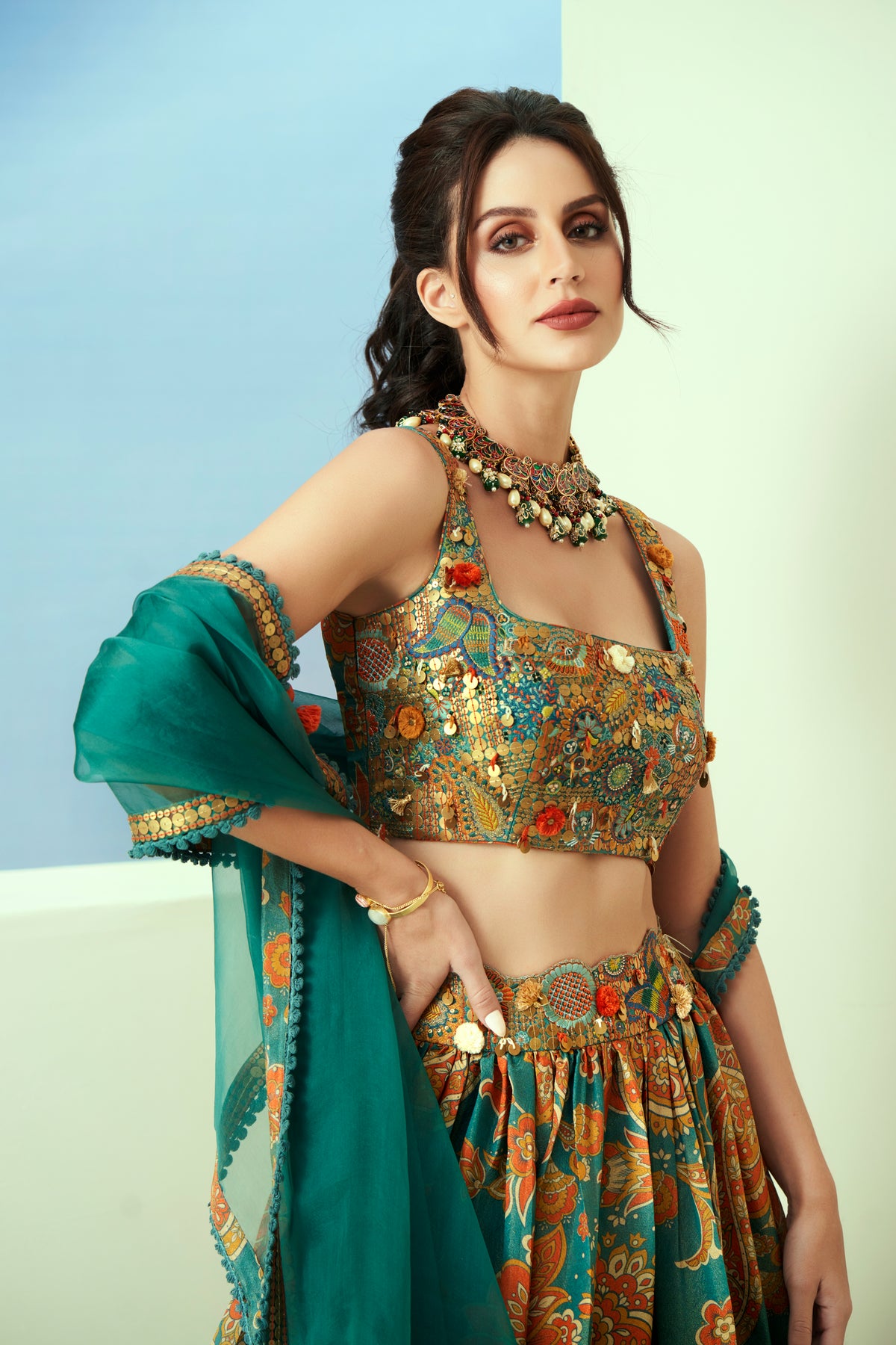Green Printed Lehenga Set