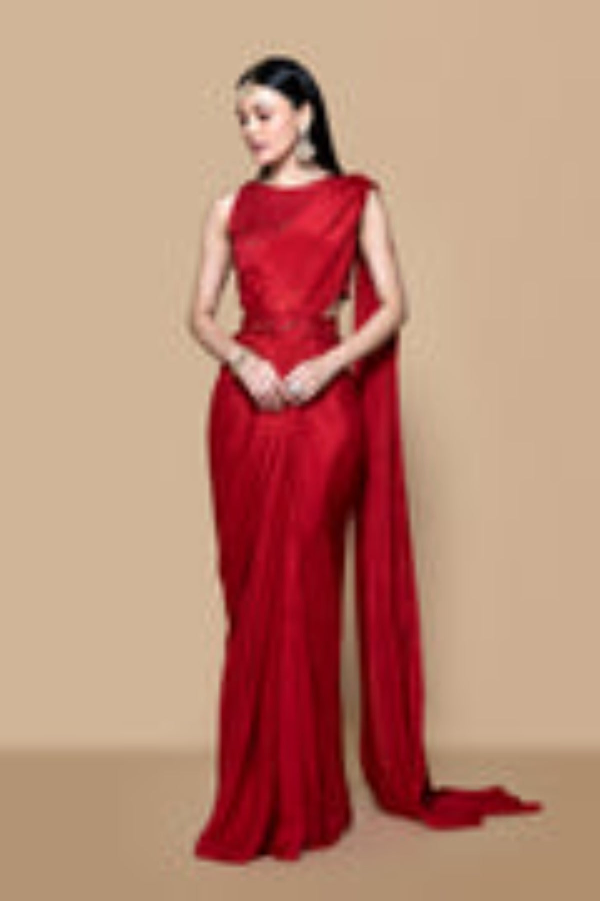 Red Pre Drape Saree Set