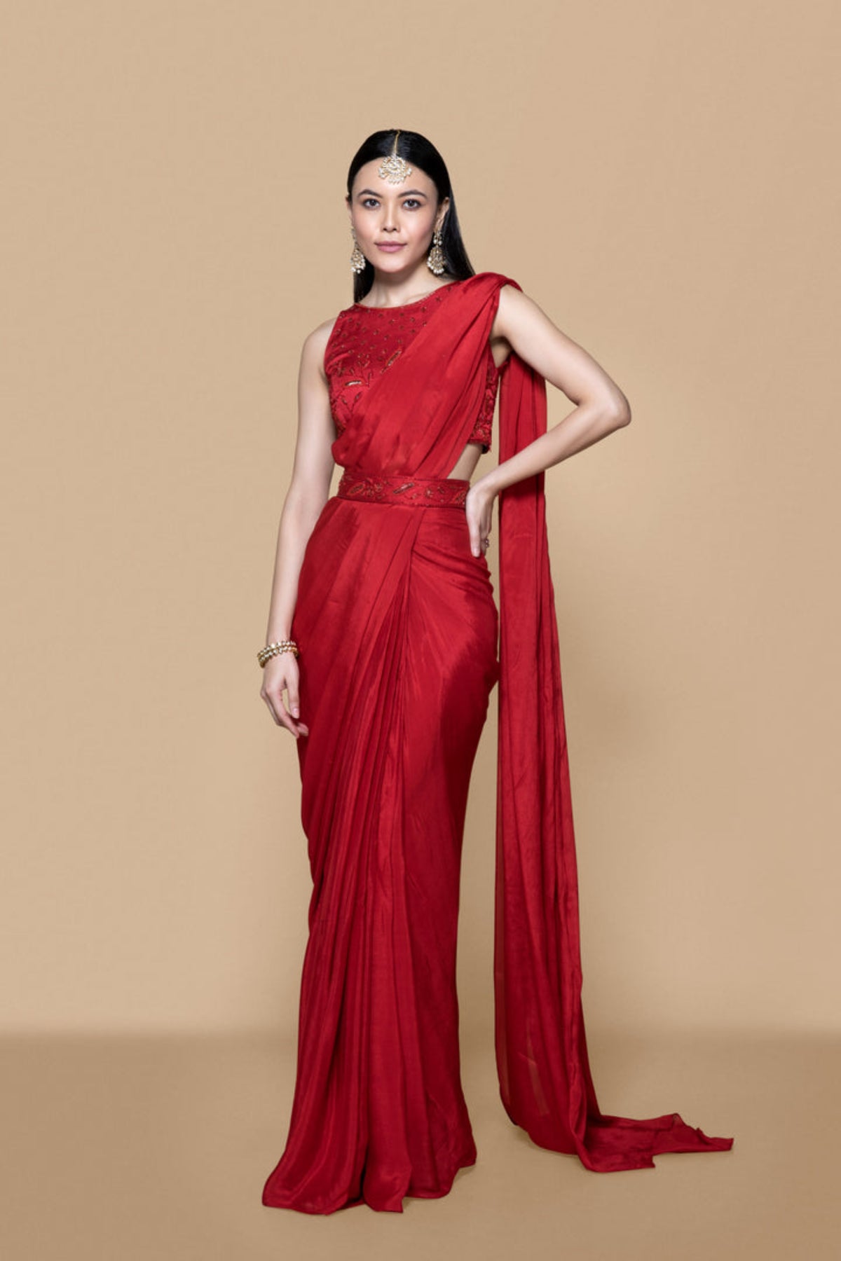 Red Pre Drape Saree Set