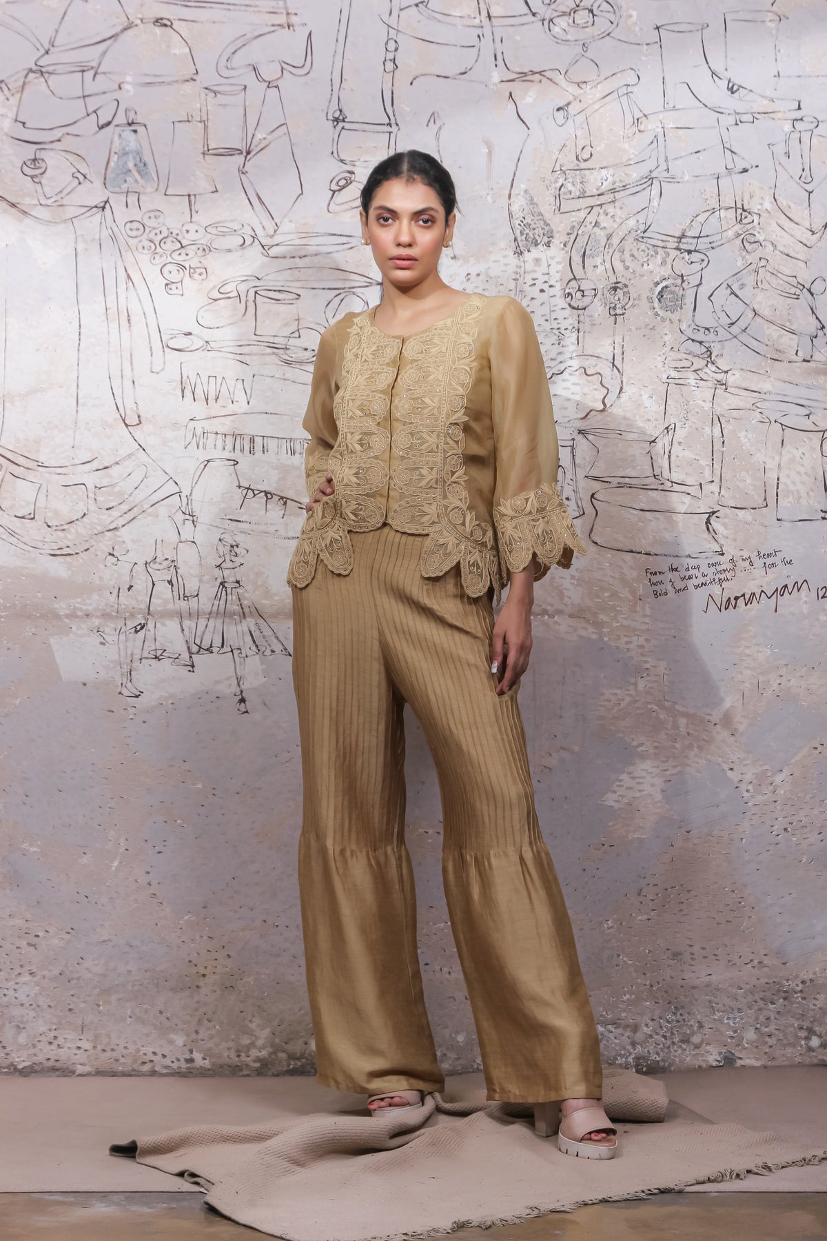 Beige Embroidered Jacket Set