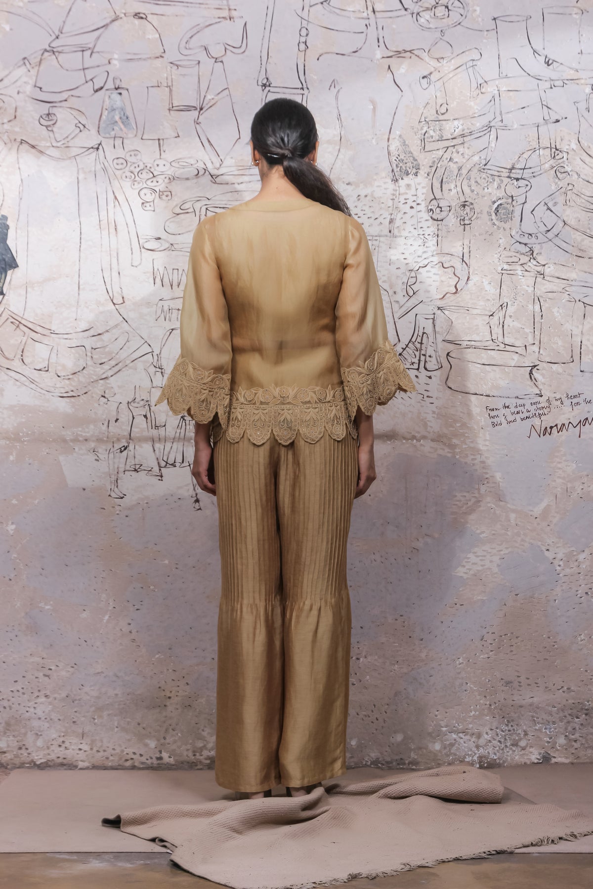 Beige Embroidered Jacket Set