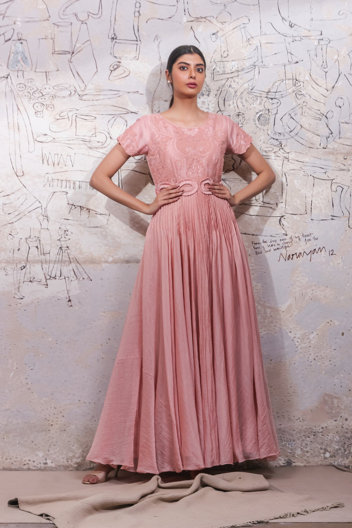 Pink Noil Pleated Long Dress