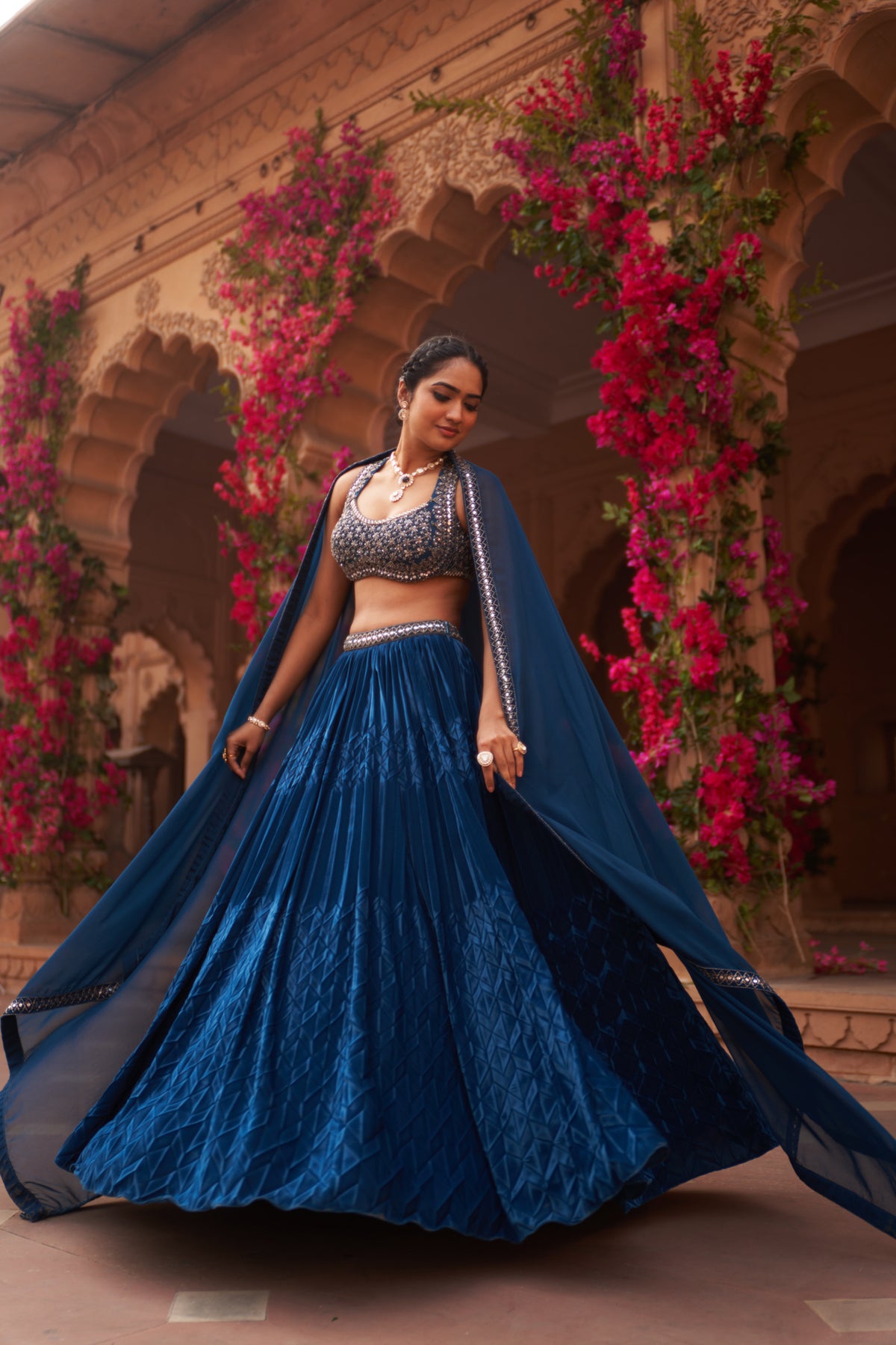 Teal Blue Pleated Lehenga Set