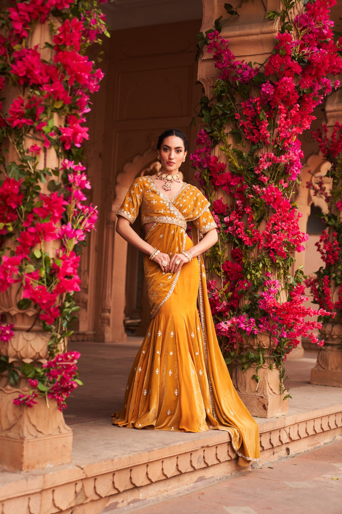 Yellow Godet Velvet Saree