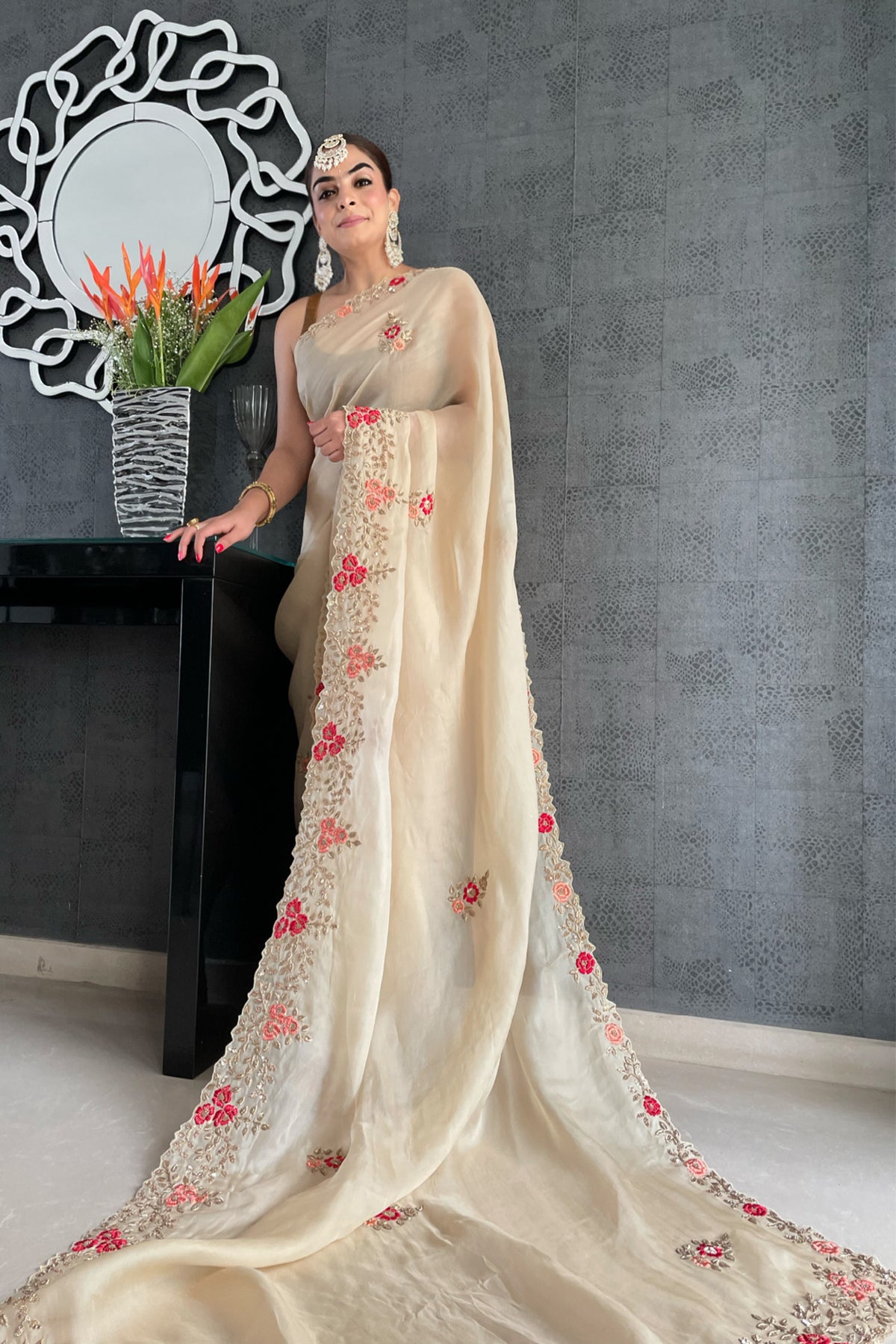 Beige Organza Saree