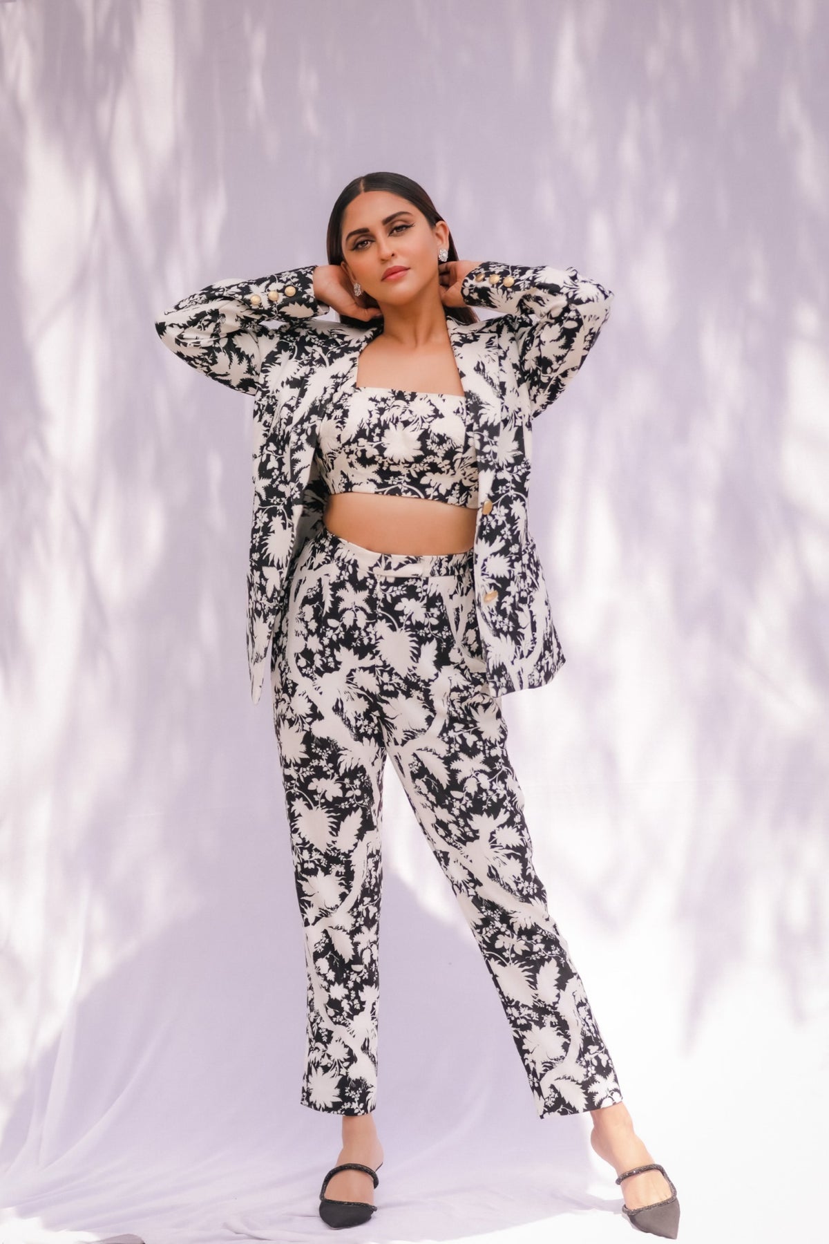 Black &amp; white embroidered suzani blazer set