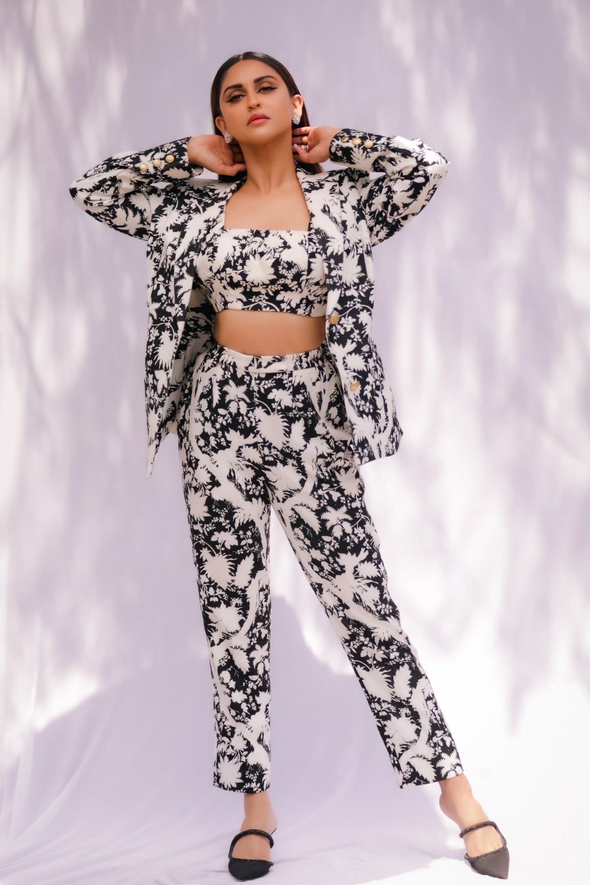Black &amp; white embroidered suzani blazer set