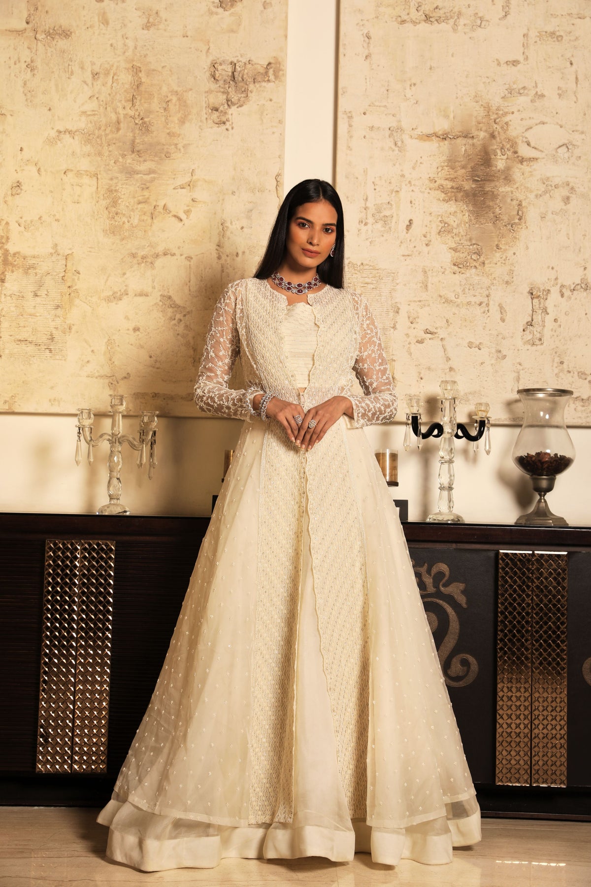 Ivory embroidered jacket lehenga set