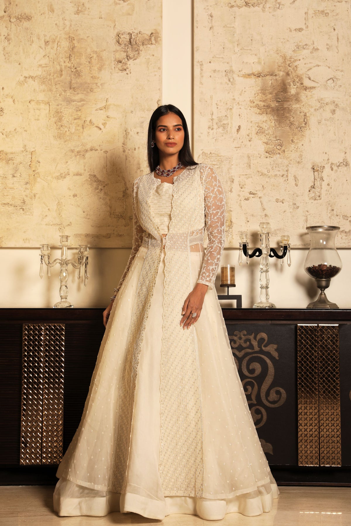 Ivory embroidered jacket lehenga set