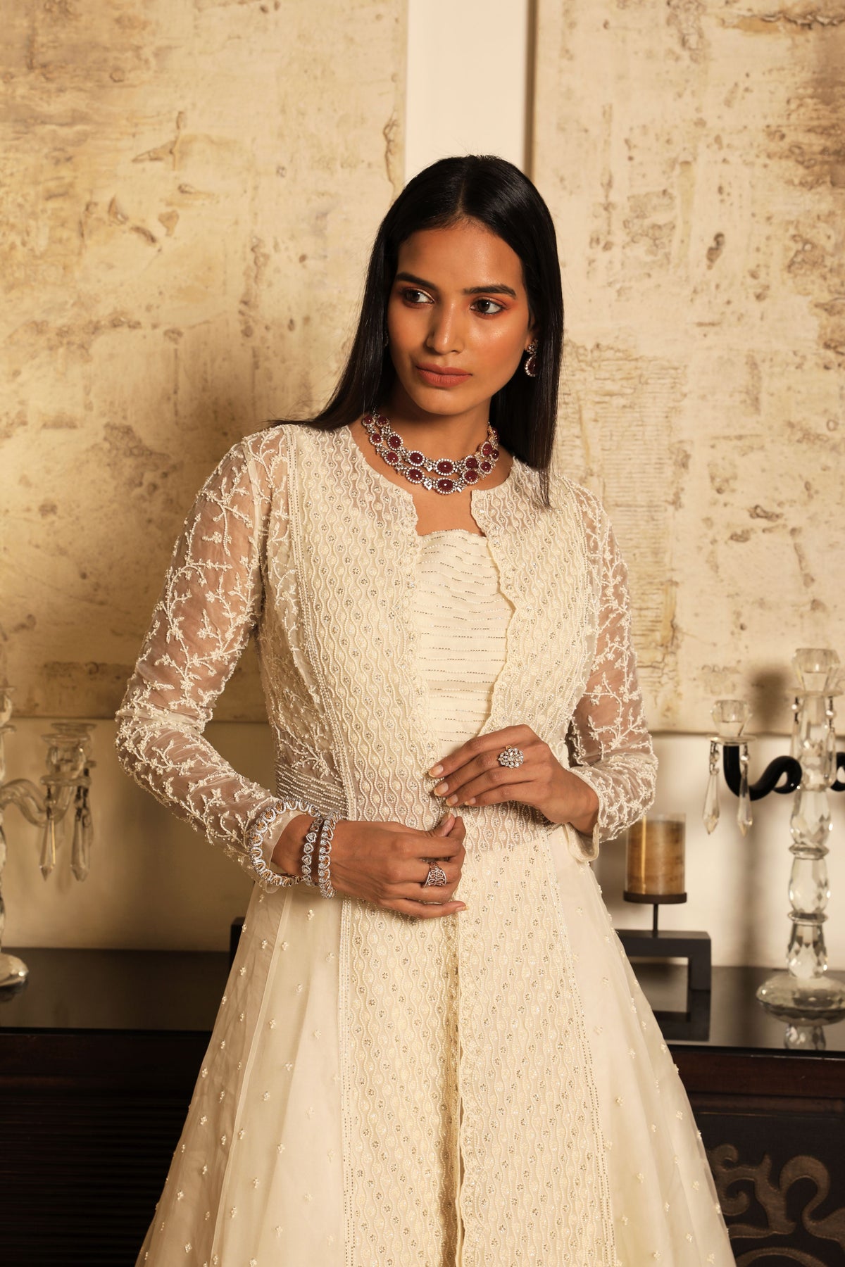 Ivory embroidered jacket lehenga set
