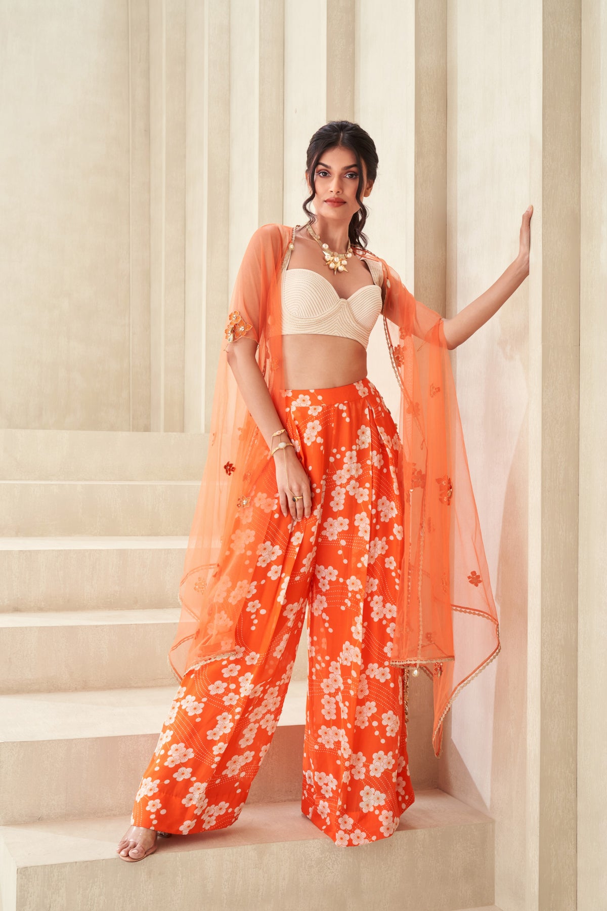 Orange Printed Embellished Cape Set