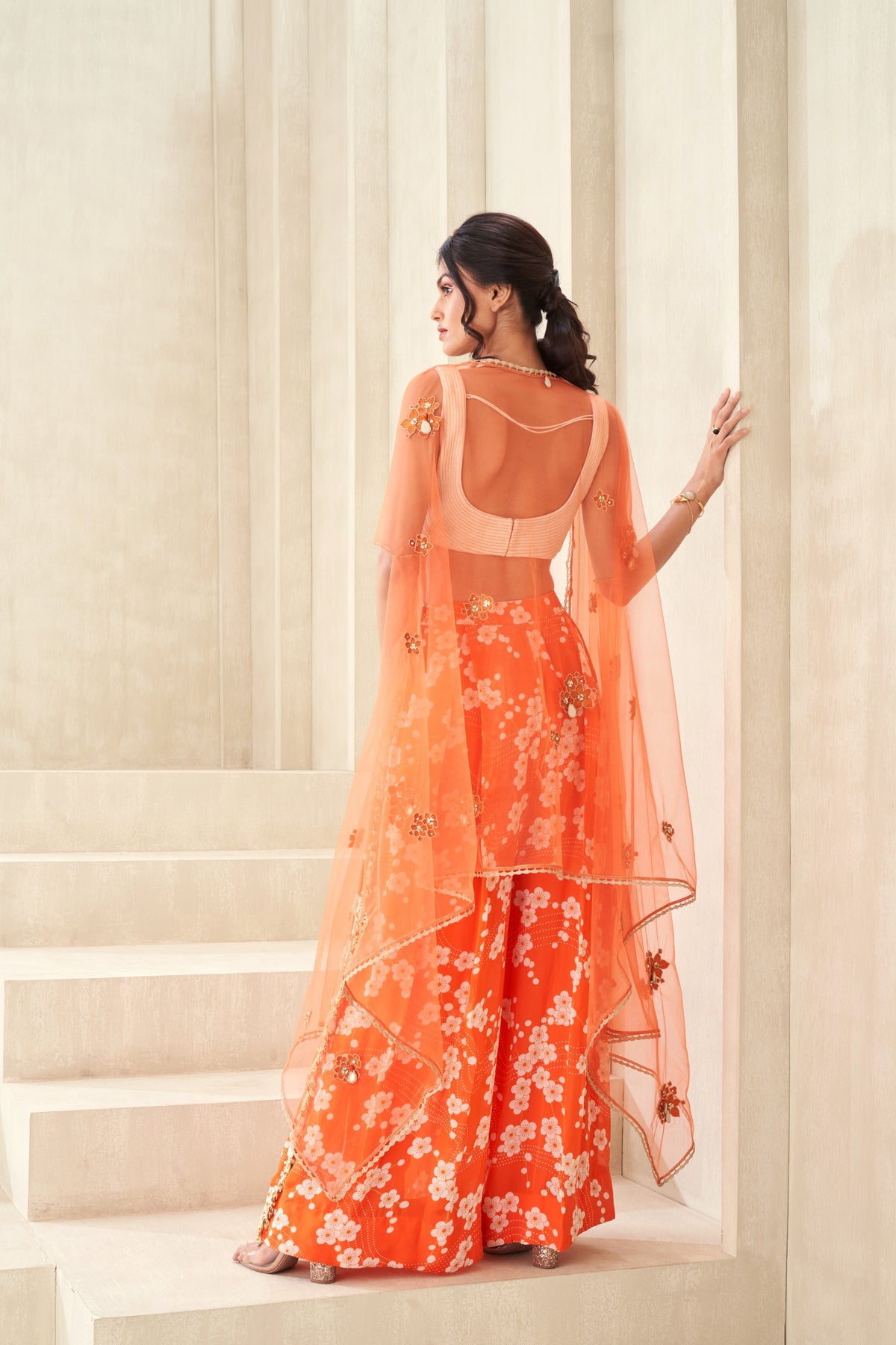 Orange Printed Embellished Cape Set