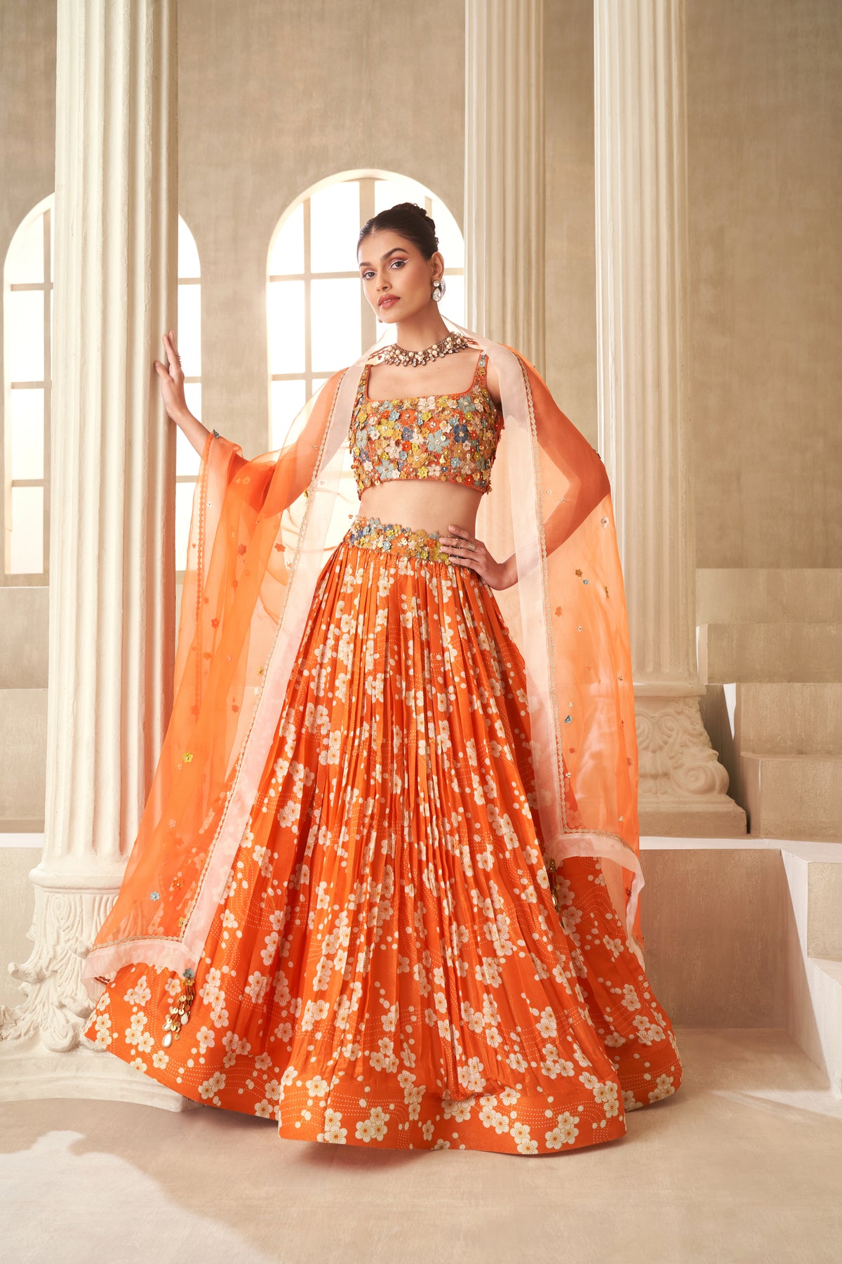 Orange Tissue Organza Lehenga Set