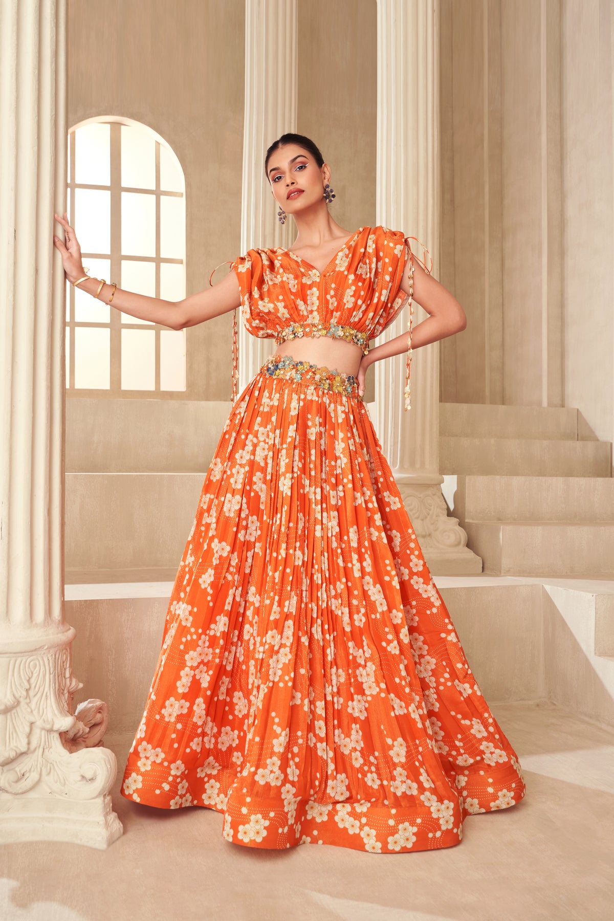 Orange Printed Lehenga Set