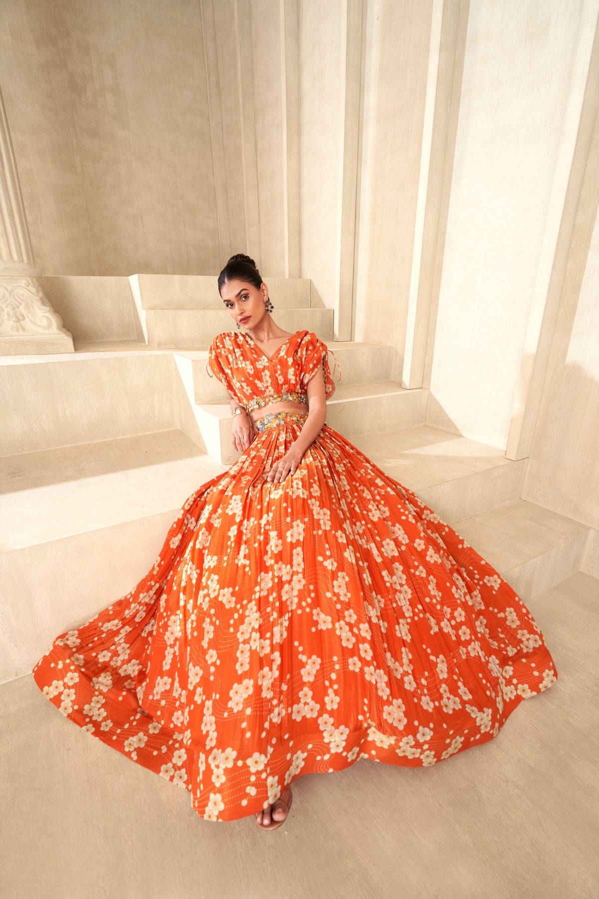 Orange Printed Lehenga Set