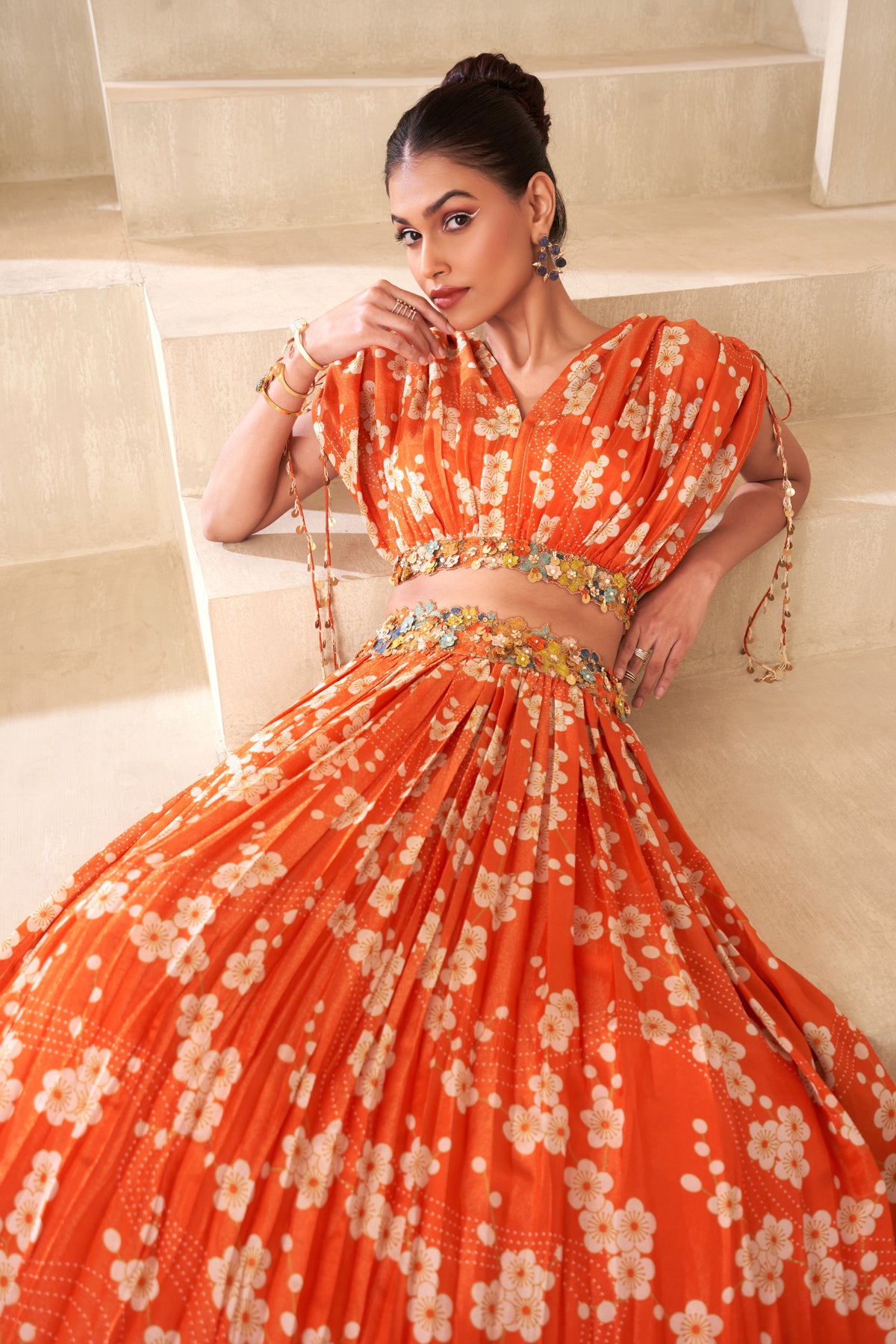 Orange Printed Lehenga Set