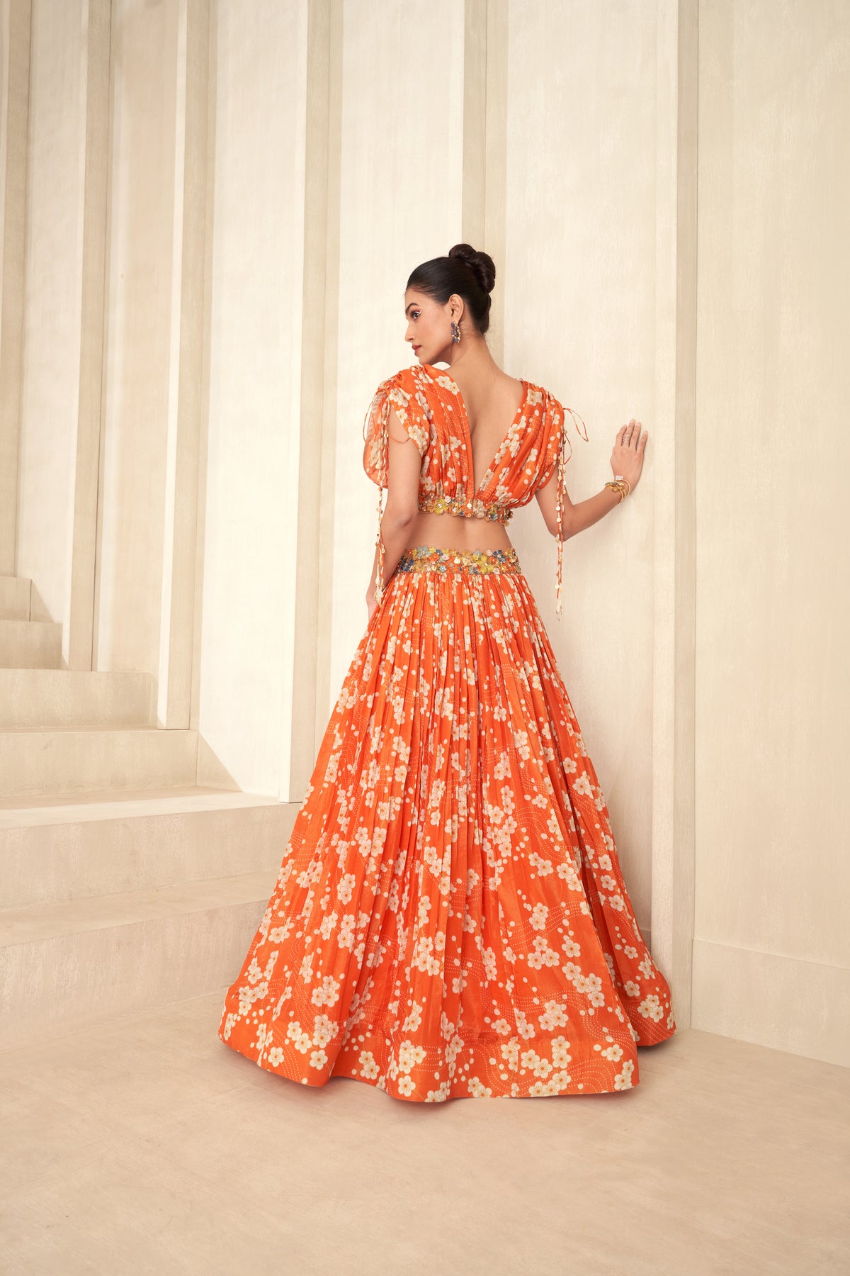 Orange Printed Lehenga Set