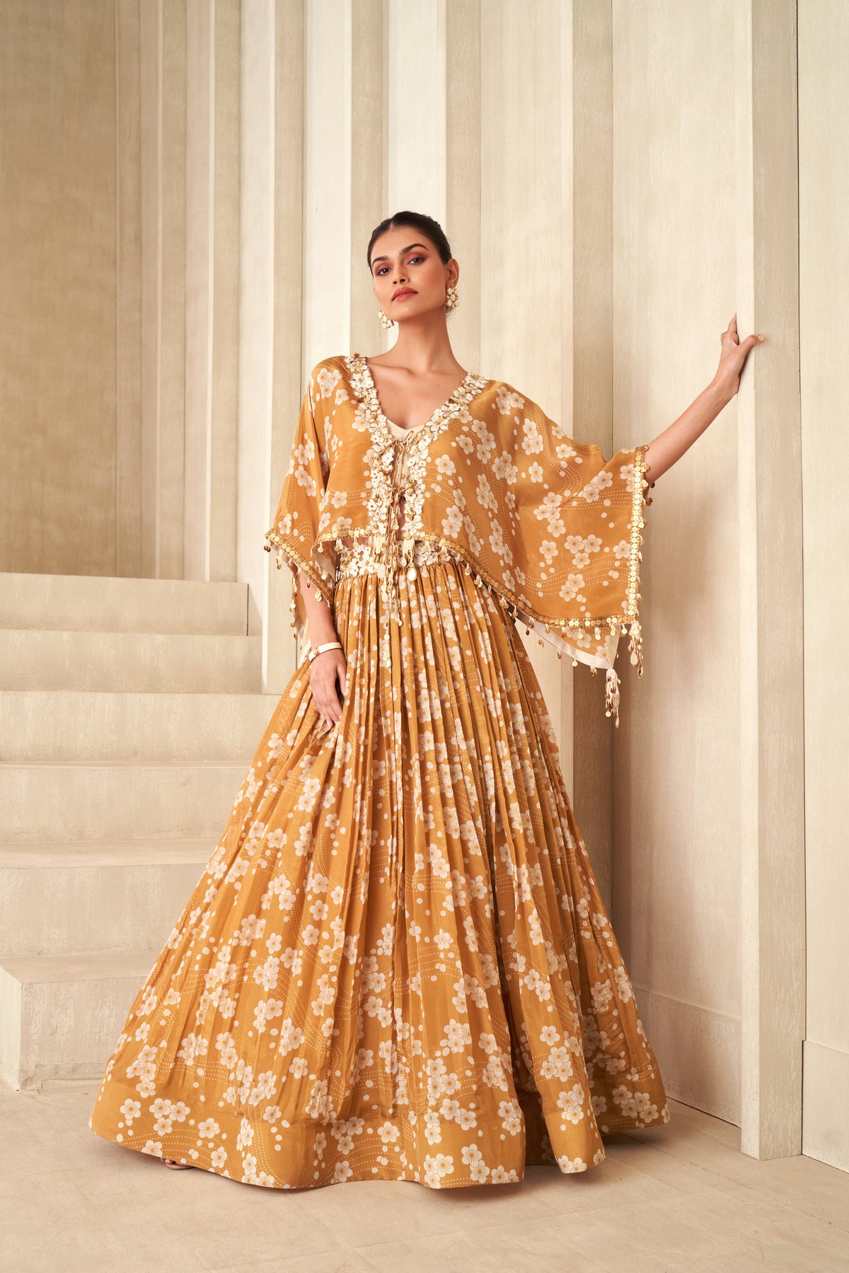 Gold Printed Kaftan Lehenga  Set