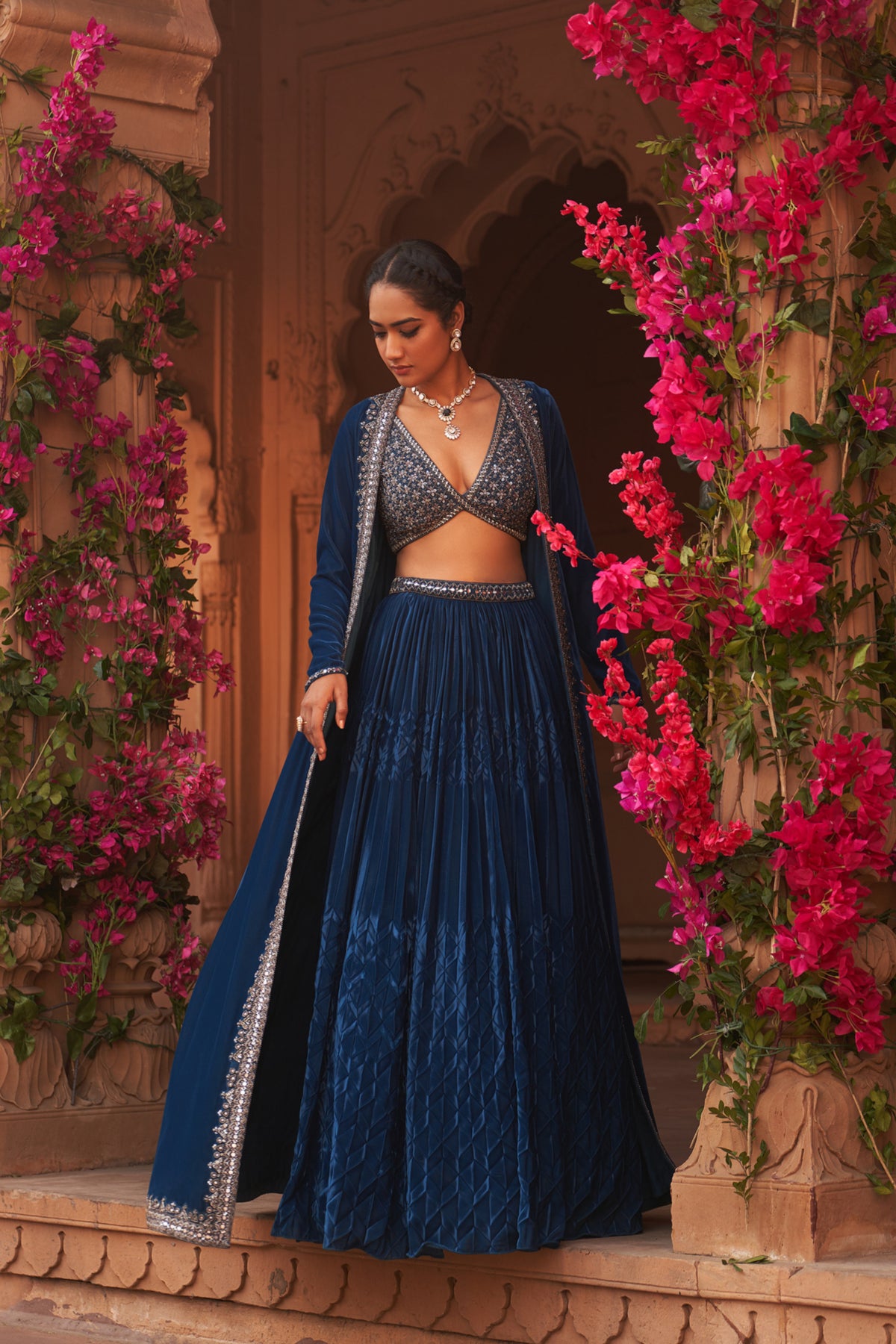 Teal Blue Pleated Lehenga Set