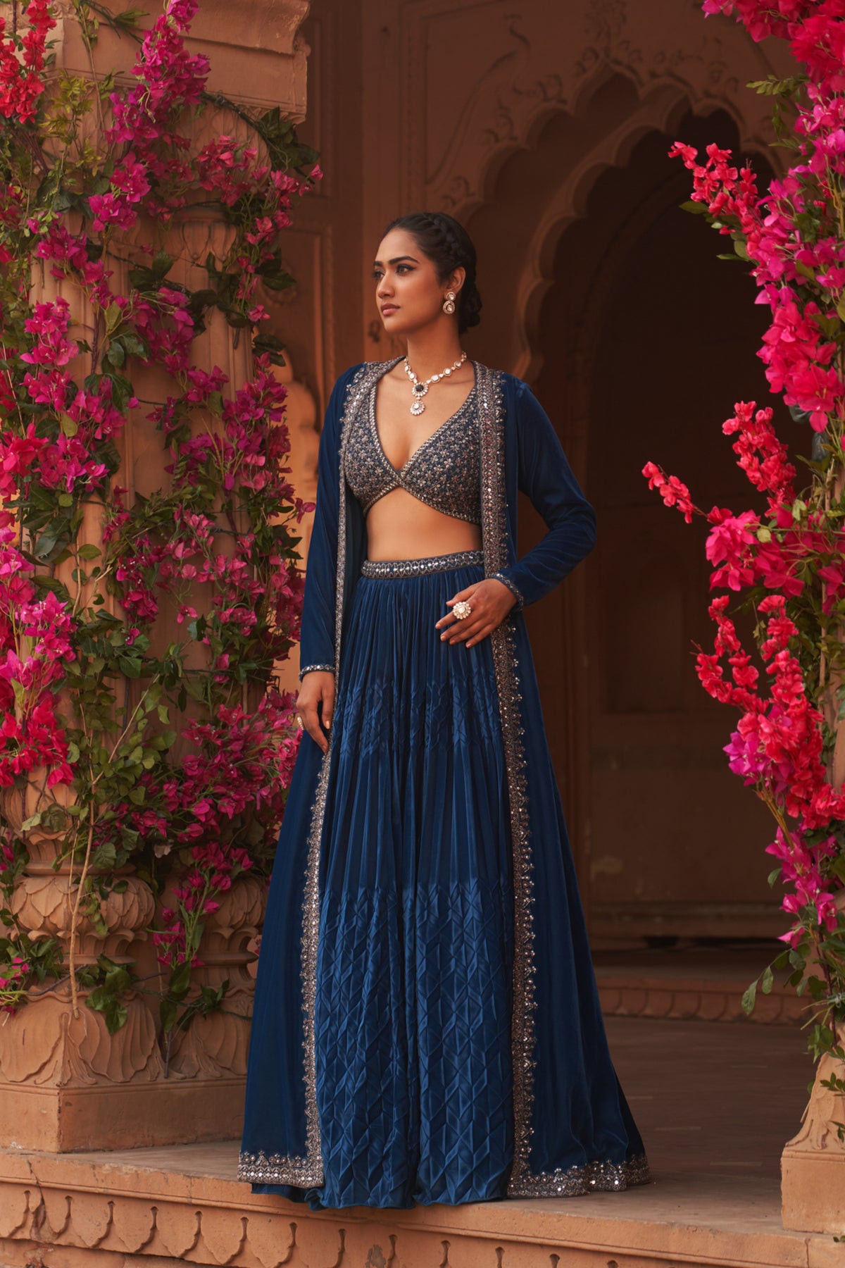 Teal Blue Pleated Lehenga Set