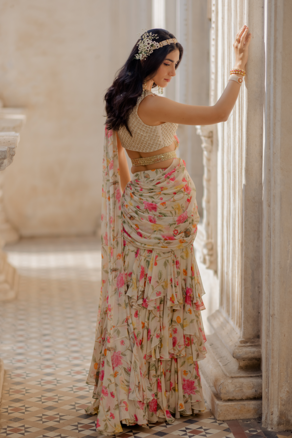 Off-white frills draped saree