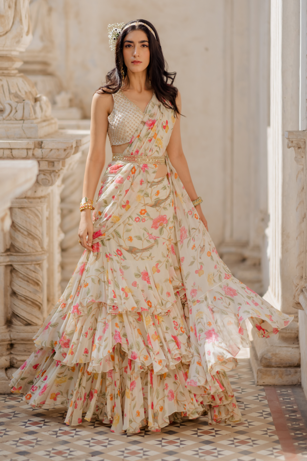 Off-white frills draped saree