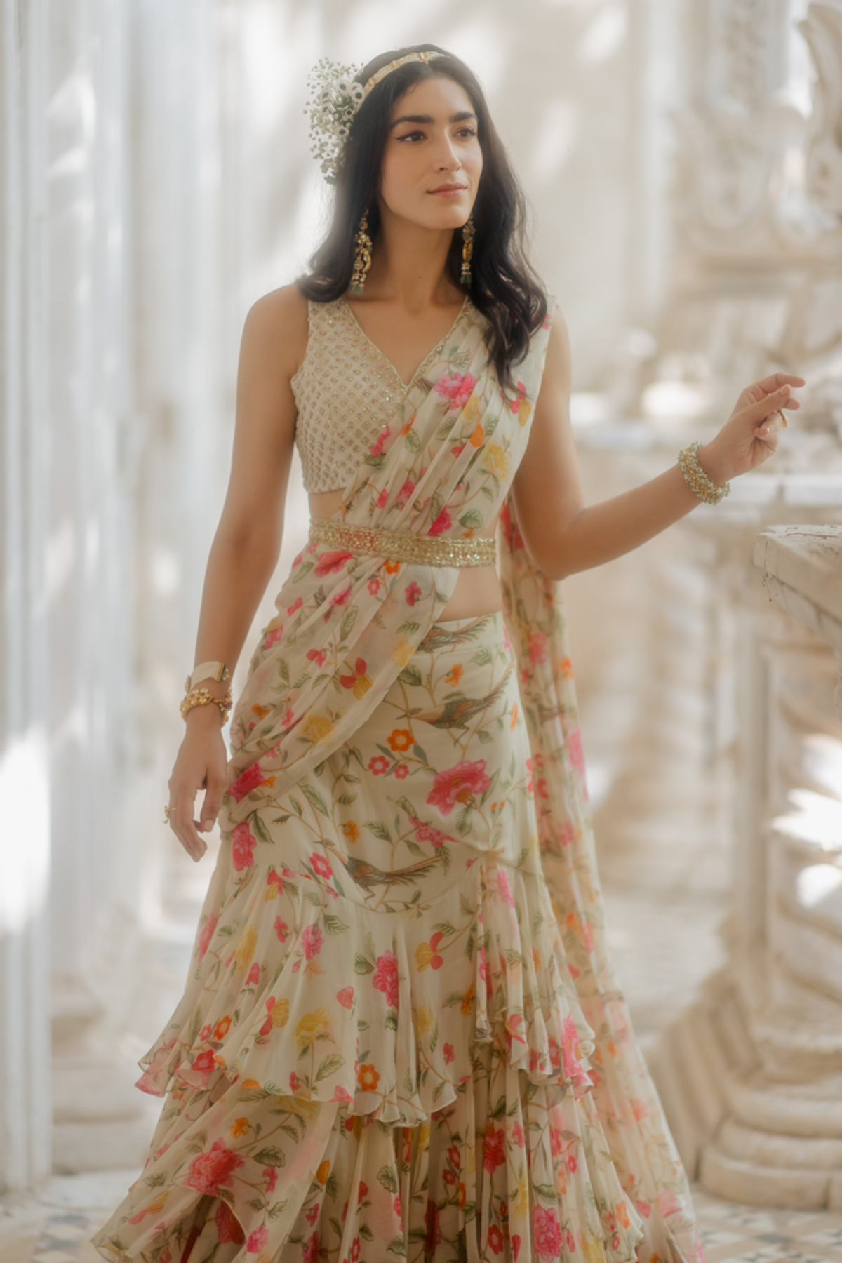 Off-white frills draped saree