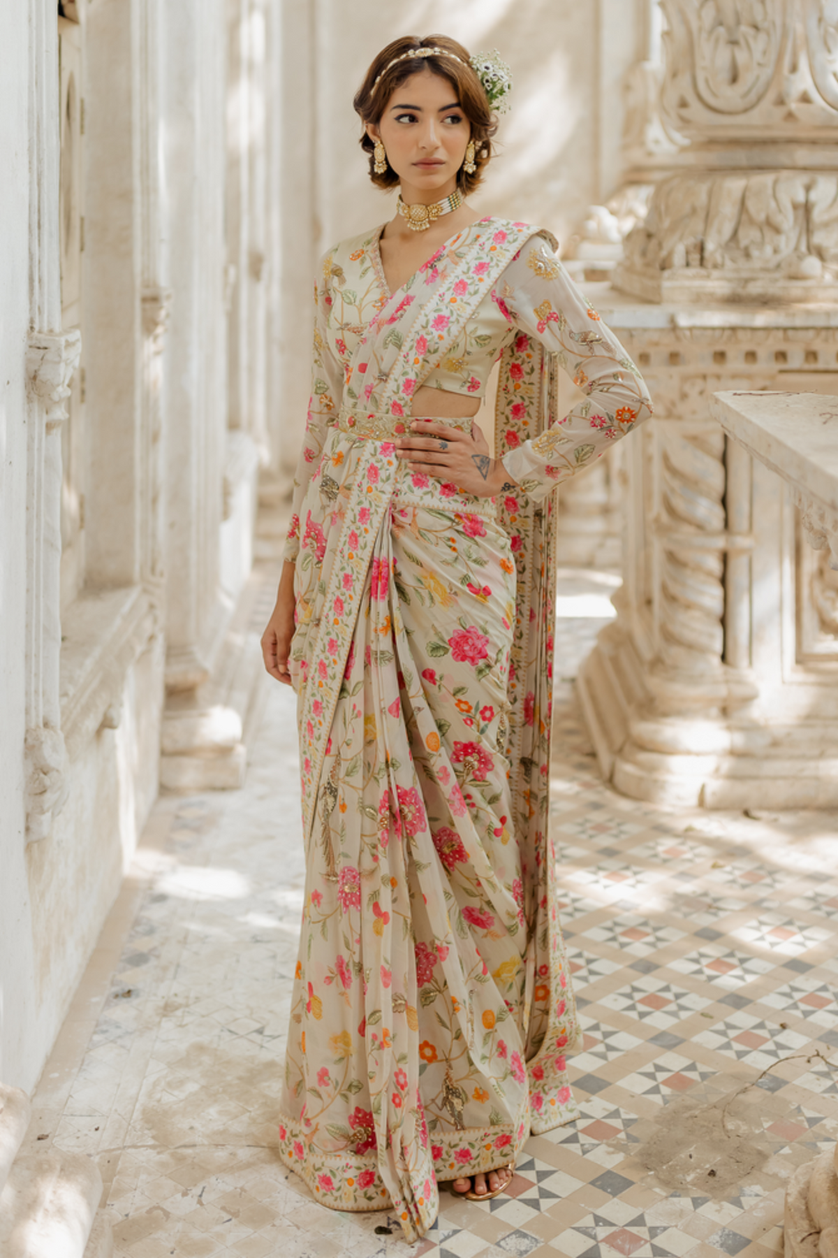 Off-white draped saree