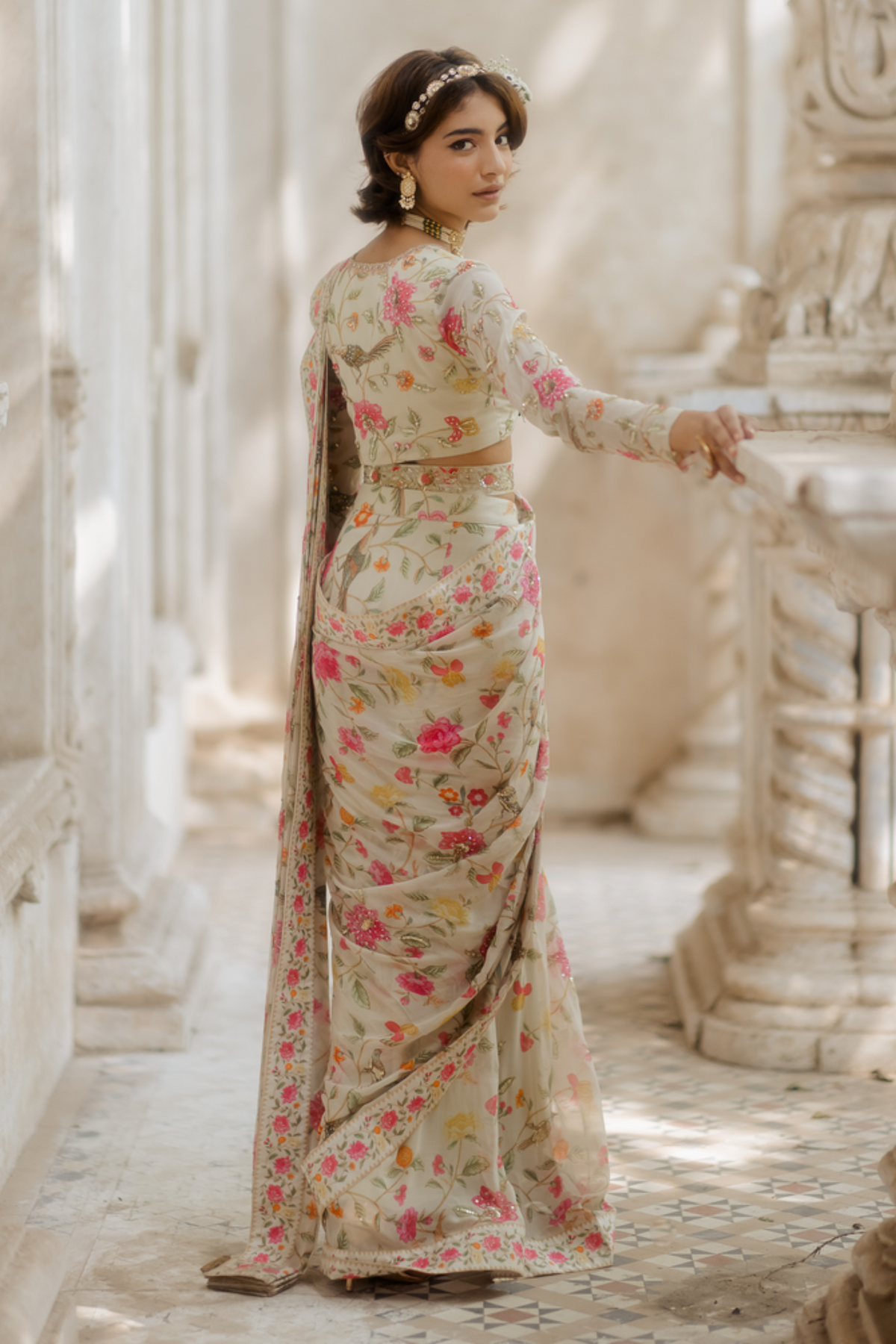 Off-white draped saree