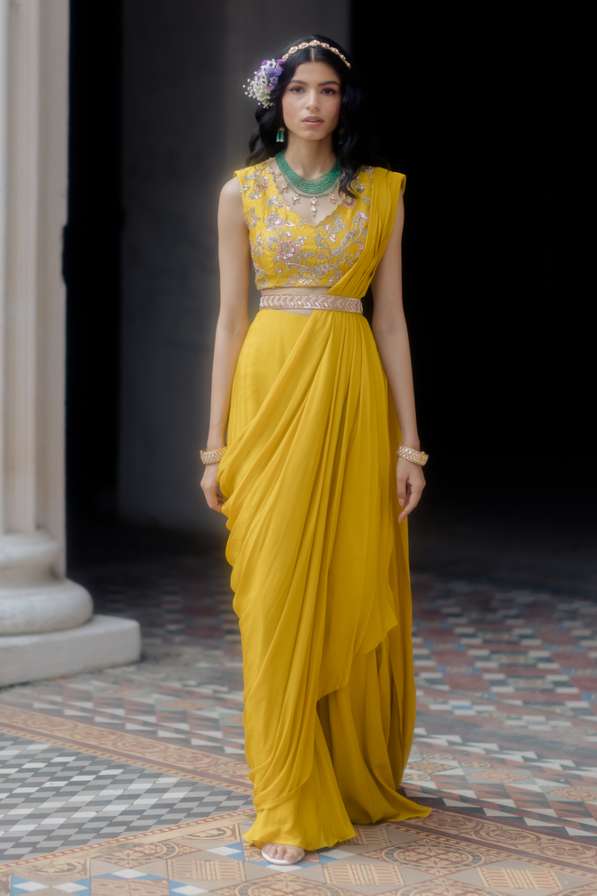Yellow draped saree