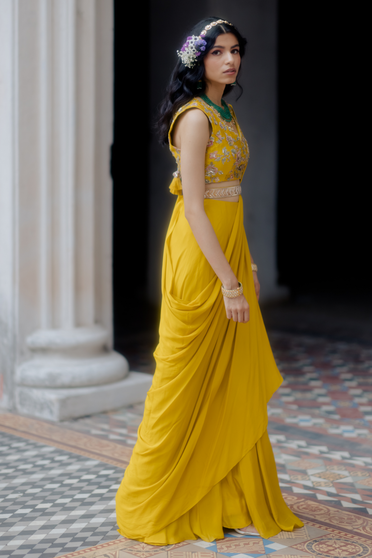 Yellow draped saree