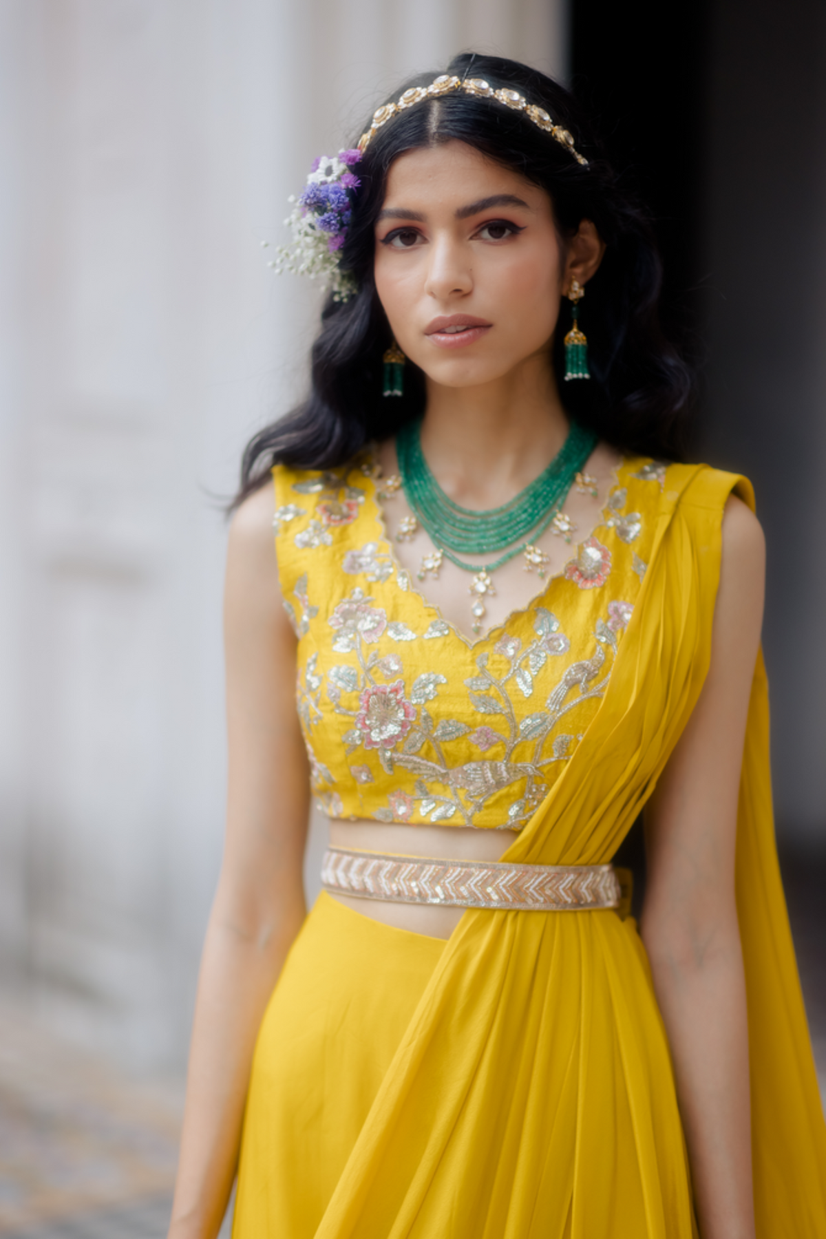 Yellow draped saree