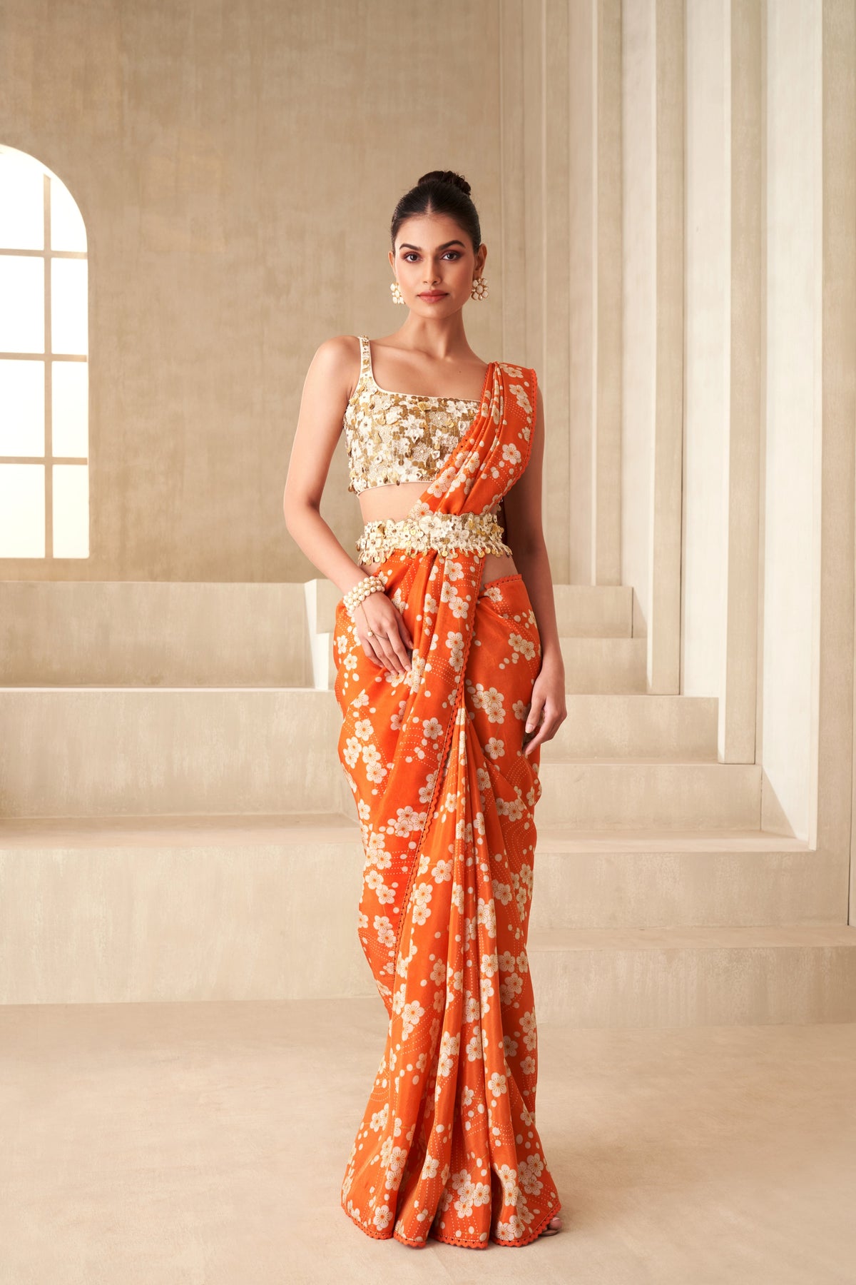 Orange Printed Saree Set