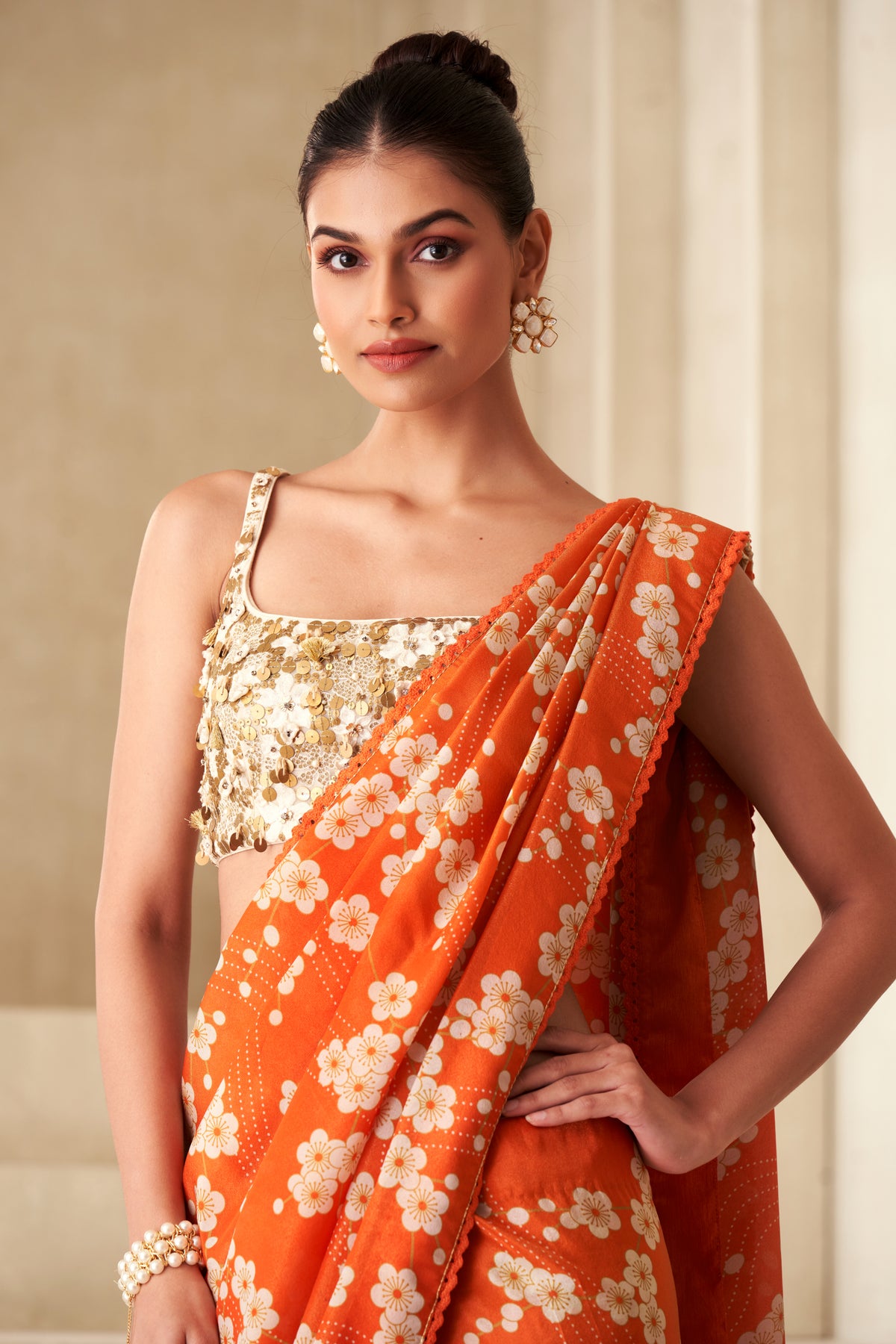 Orange Printed Saree Set