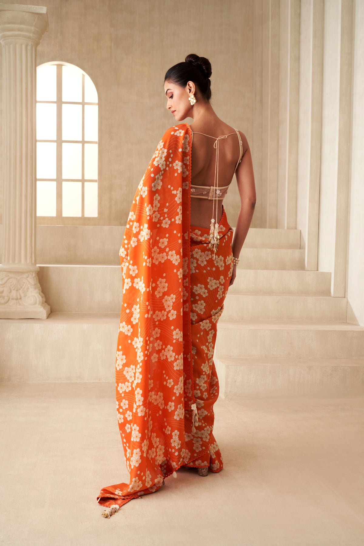 Orange Printed Saree Set