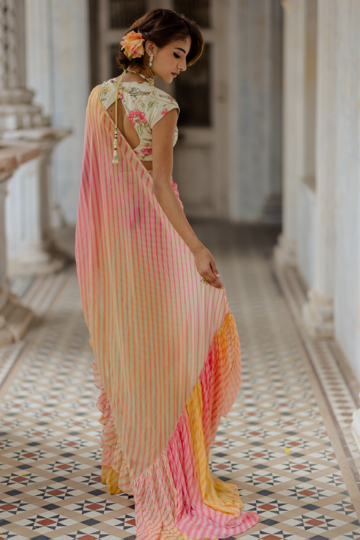 Off-white leheriya frill draped saree