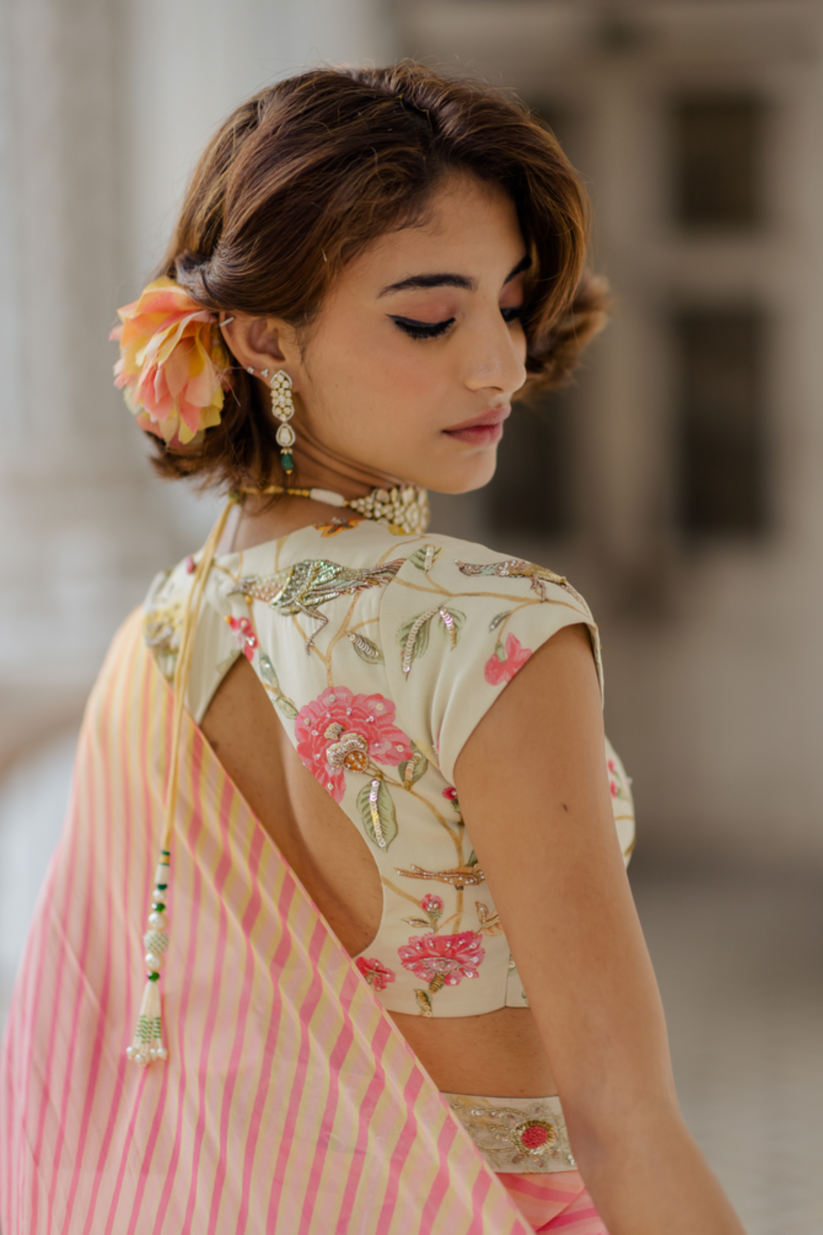 Off-white leheriya frill draped saree