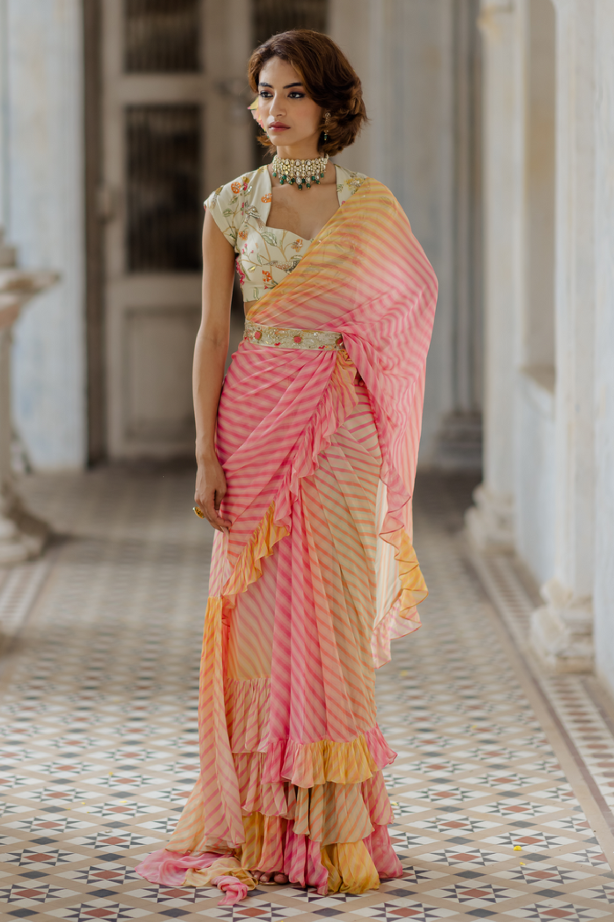 Off-white leheriya frill draped saree