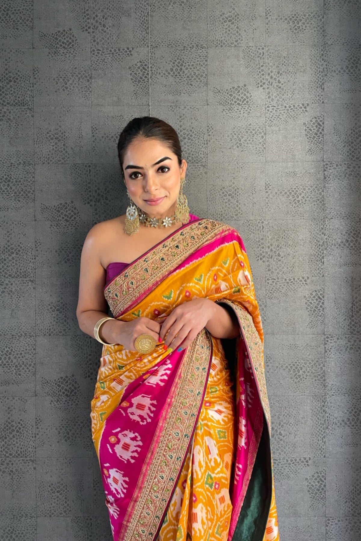 Yellow And Pink Pochampalli Ikat Saree