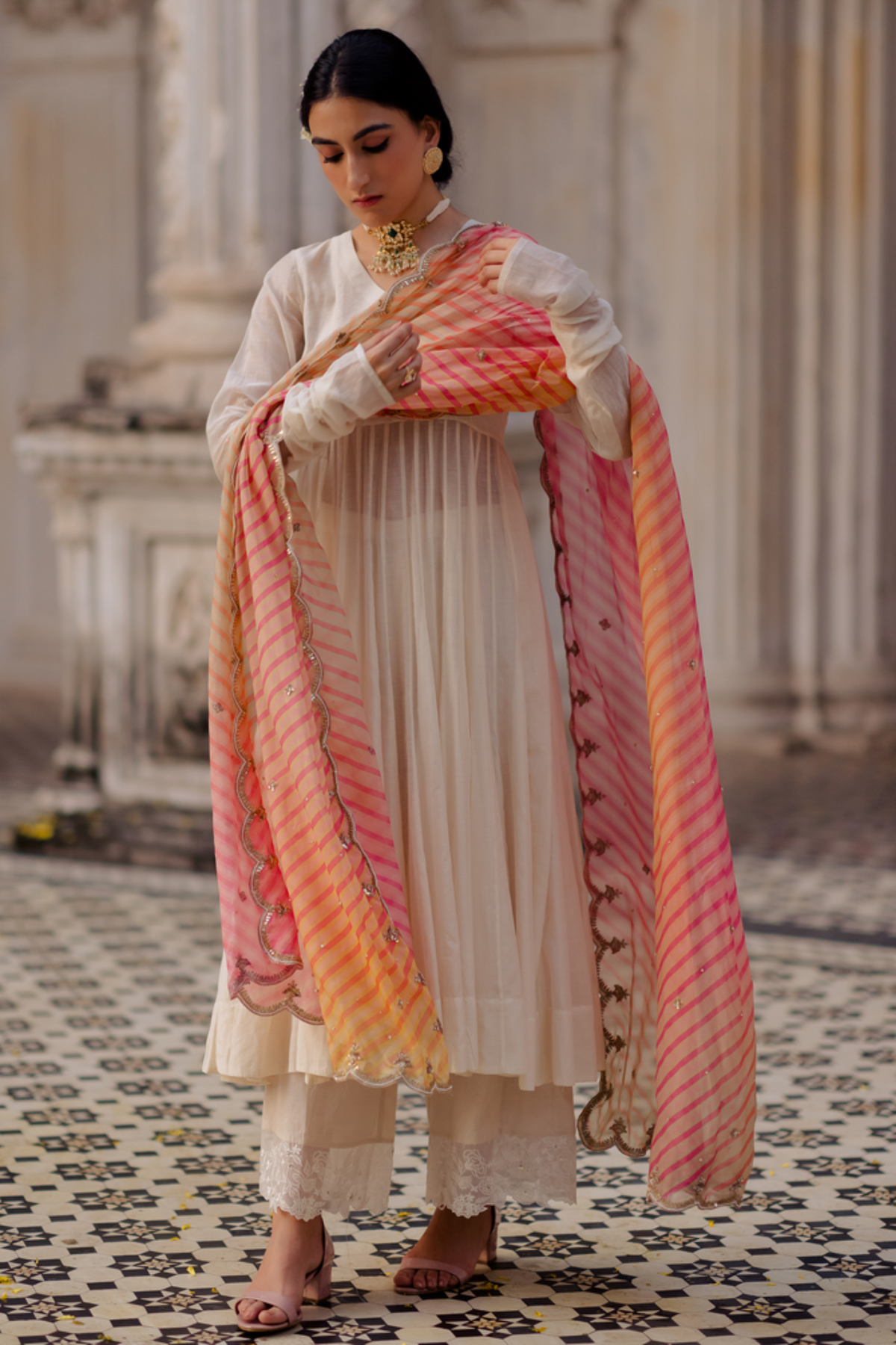 Off-white anarkali with leheriya dupatta