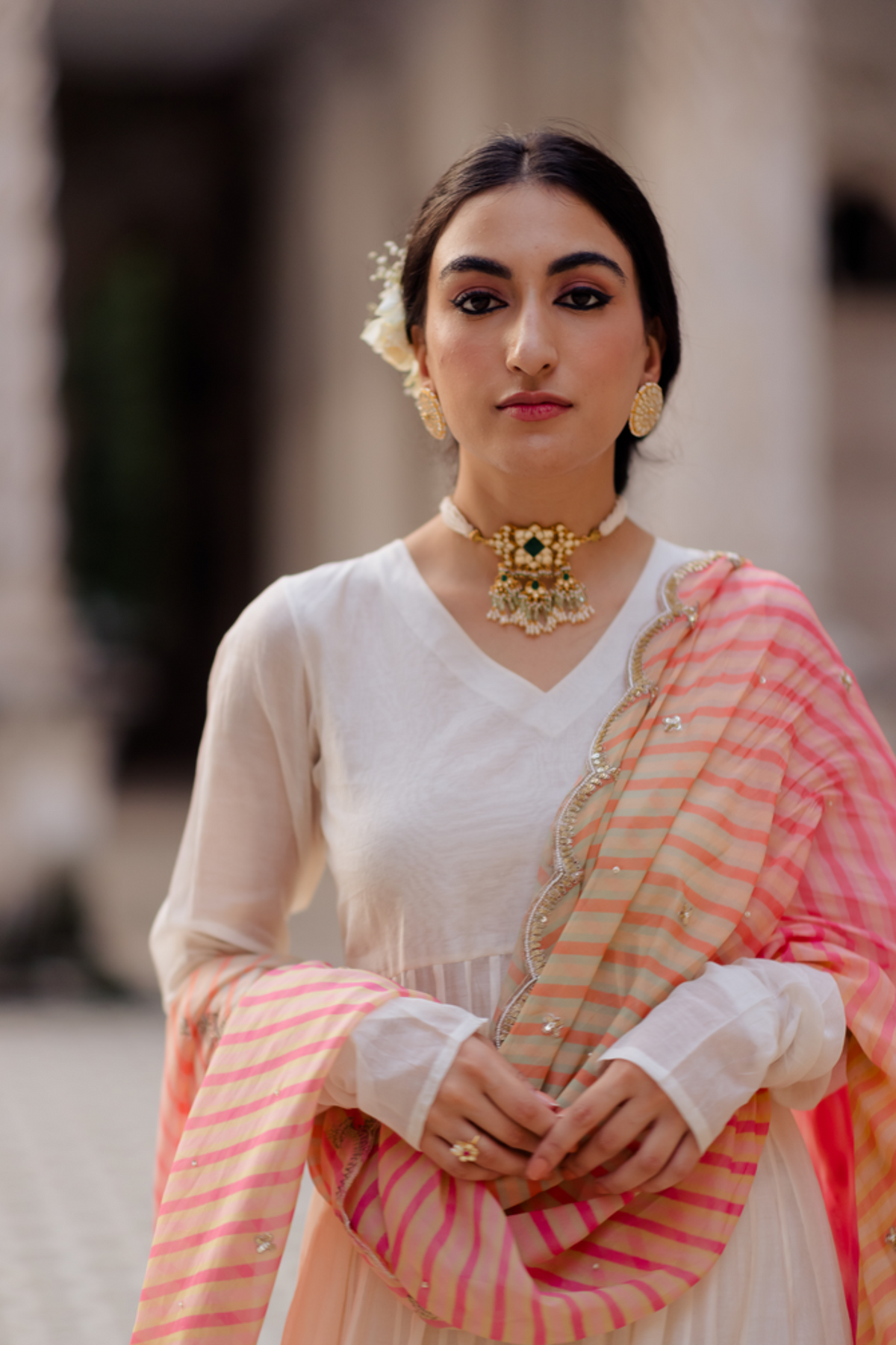 Off-white anarkali with leheriya dupatta