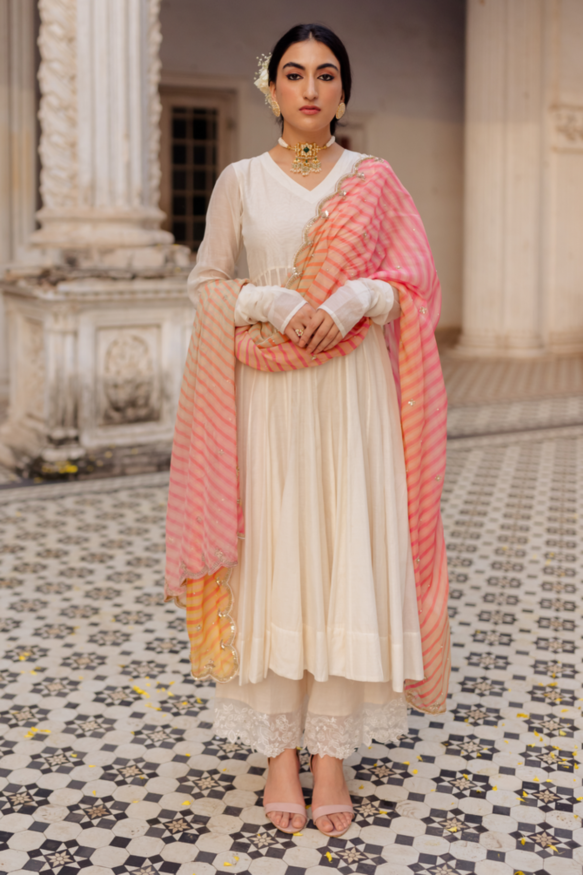 Off-white anarkali with leheriya dupatta