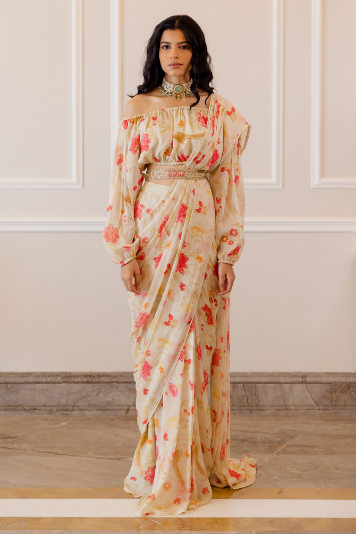 Off-white stitched saree