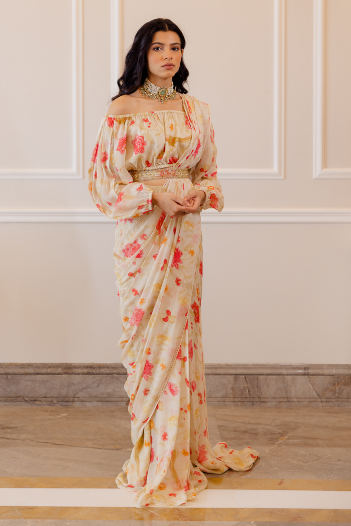 Off-white stitched saree