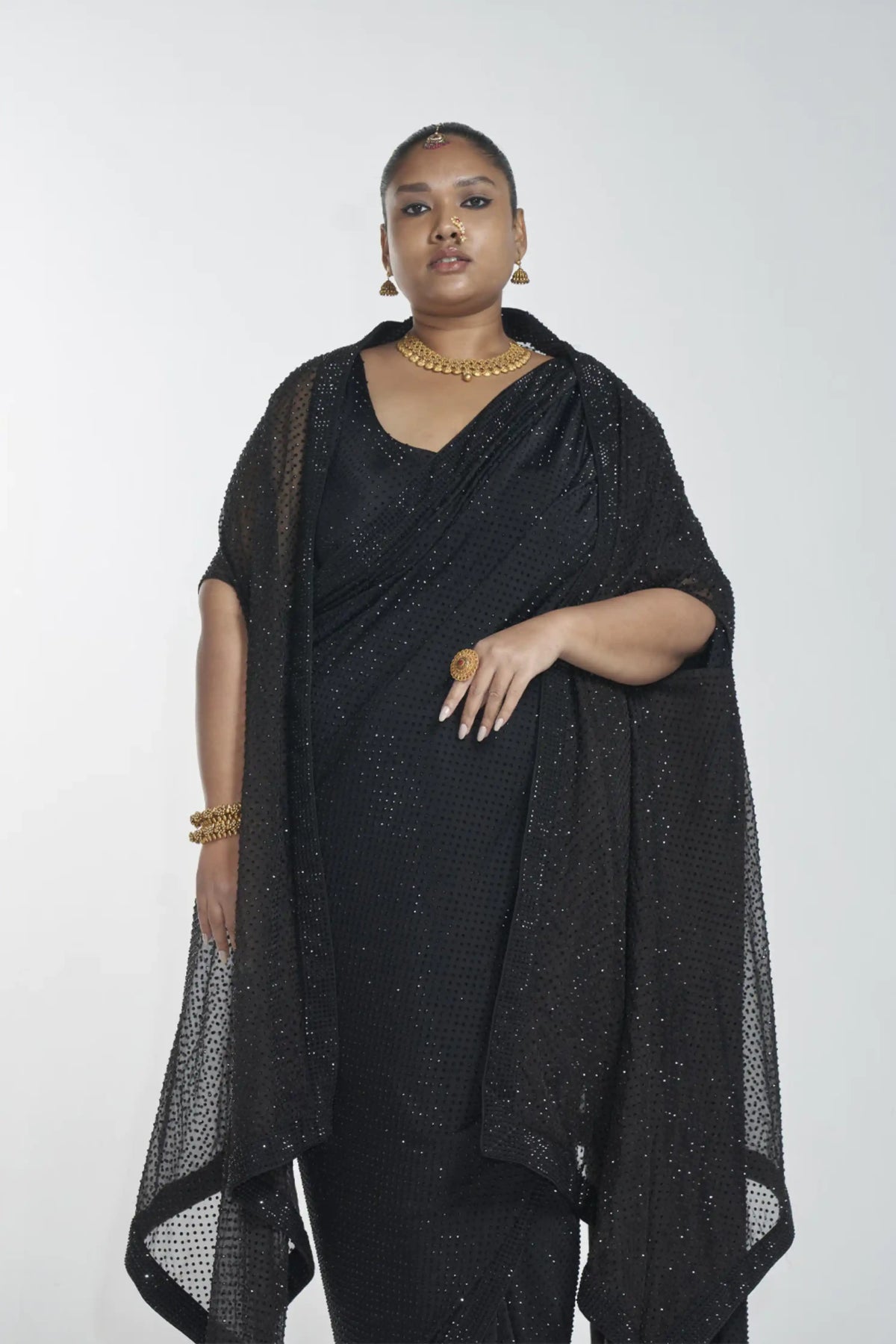 Black Embellished Saree Set